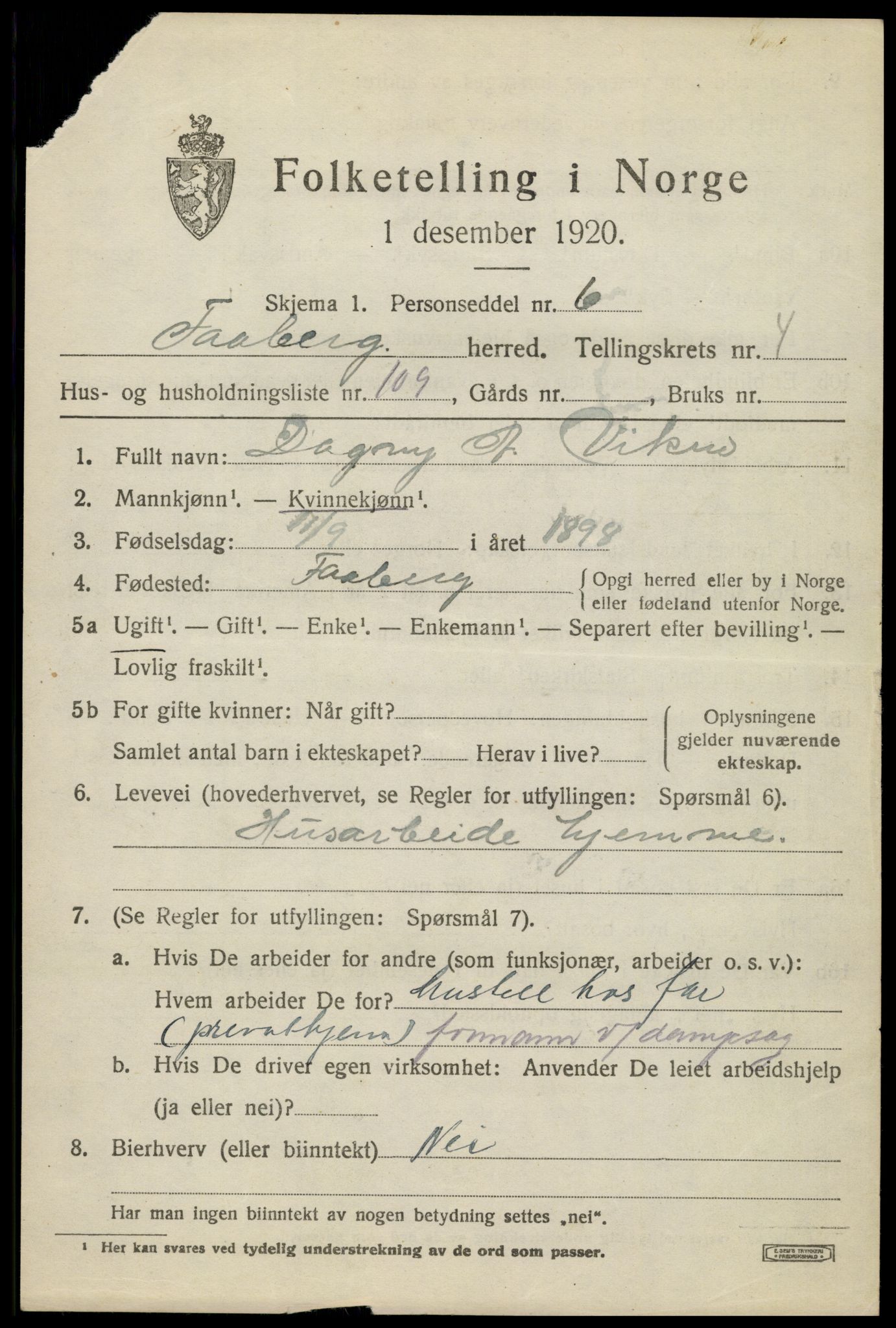SAH, 1920 census for Fåberg, 1920, p. 5906