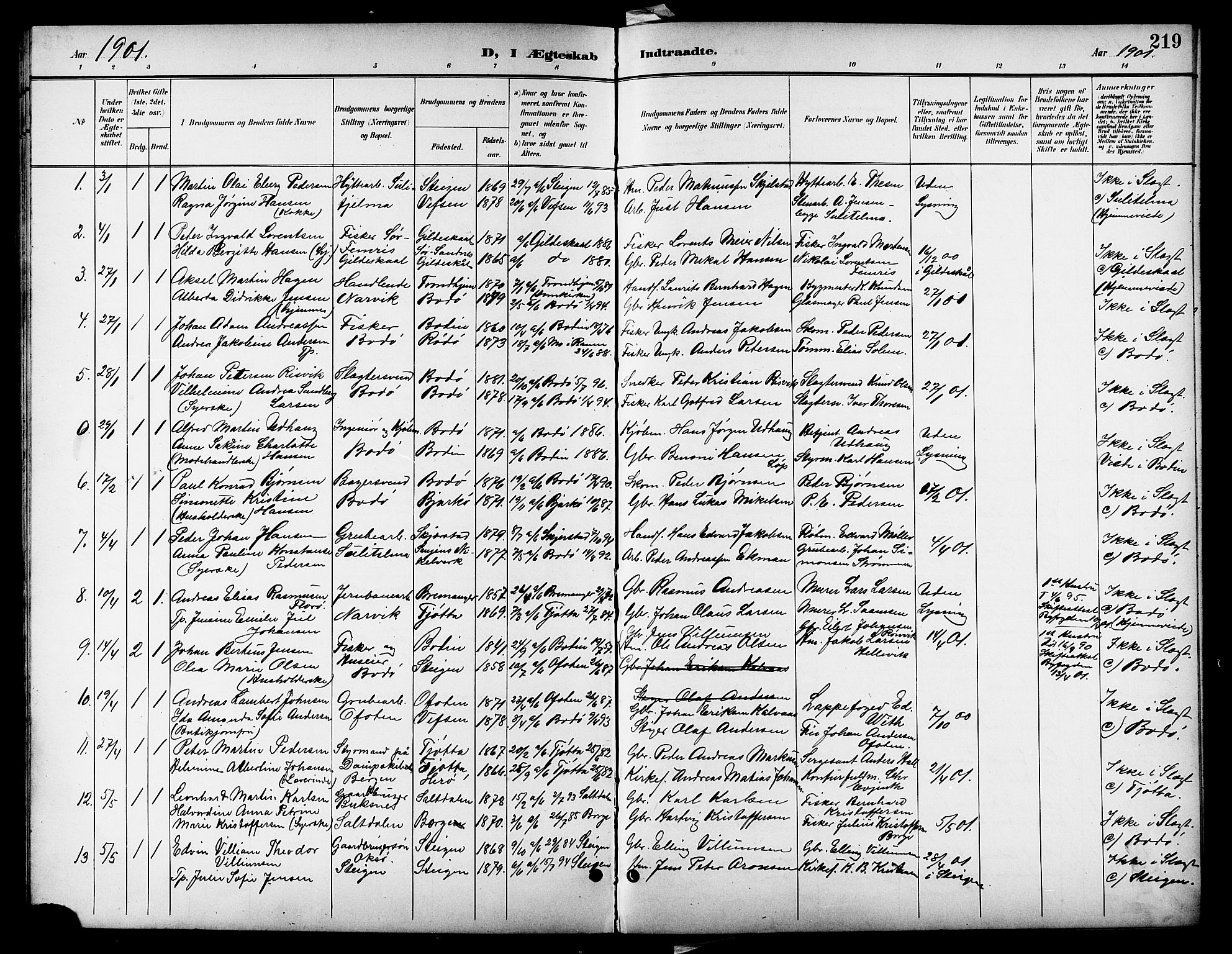 Ministerialprotokoller, klokkerbøker og fødselsregistre - Nordland, AV/SAT-A-1459/801/L0033: Parish register (copy) no. 801C08, 1898-1910, p. 219