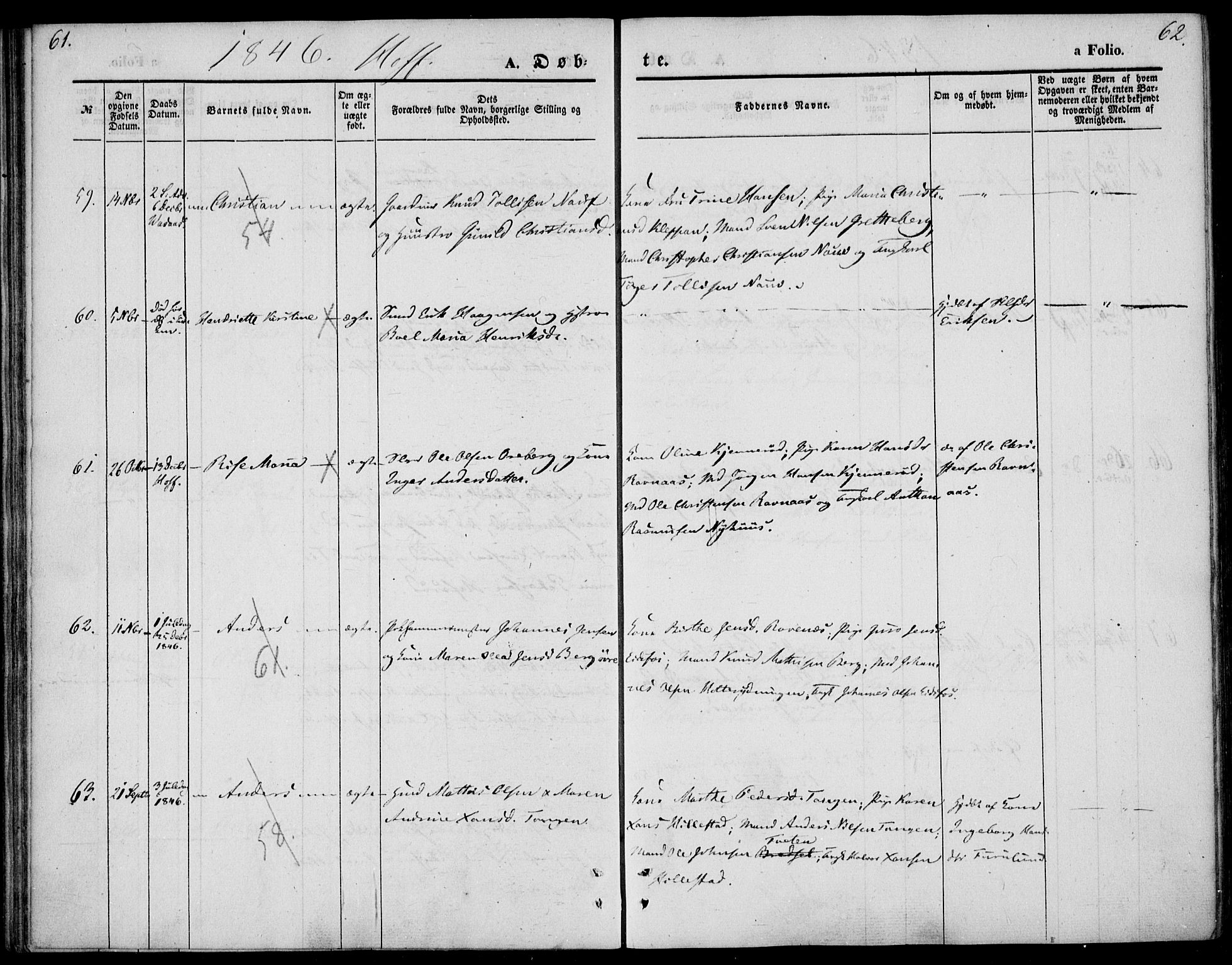 Hof kirkebøker, AV/SAKO-A-64/F/Fa/L0005: Parish register (official) no. I 5, 1844-1851, p. 61-62