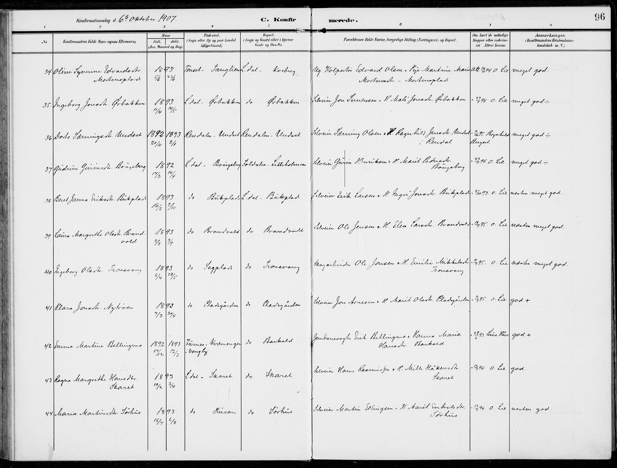 Alvdal prestekontor, SAH/PREST-060/H/Ha/Haa/L0004: Parish register (official) no. 4, 1907-1919, p. 96