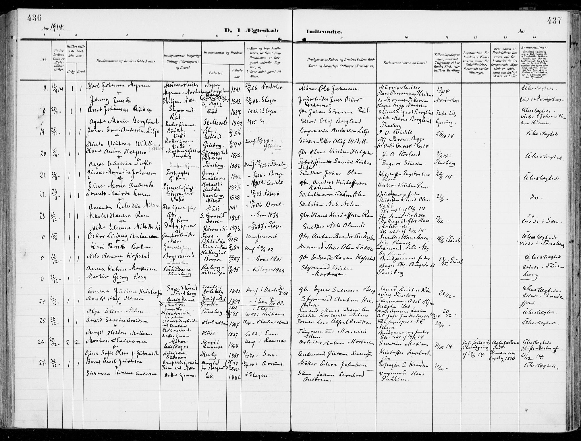Sem kirkebøker, AV/SAKO-A-5/F/Fb/L0006: Parish register (official) no. II 6, 1905-1918, p. 436-437