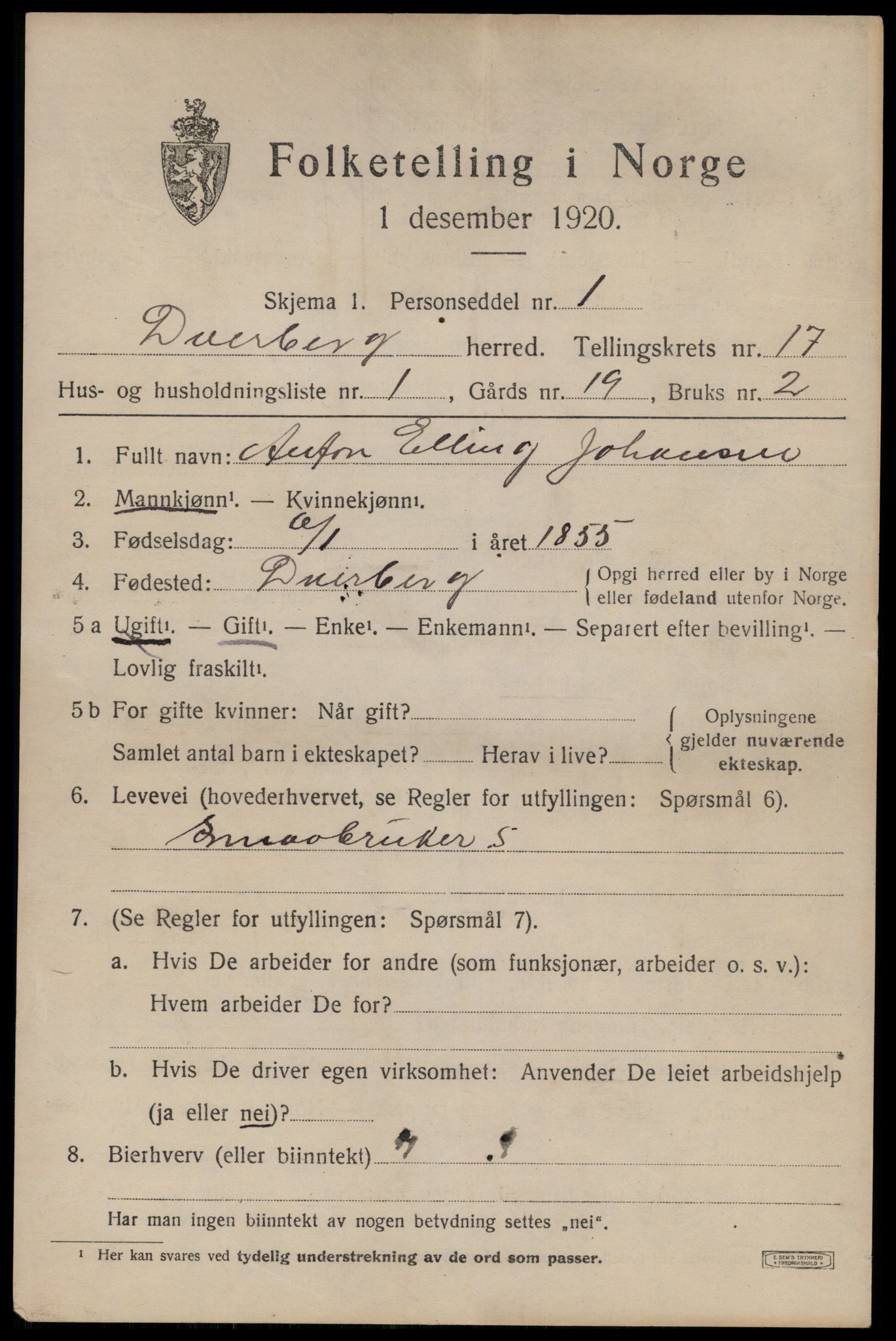 SAT, 1920 census for Dverberg, 1920, p. 11962