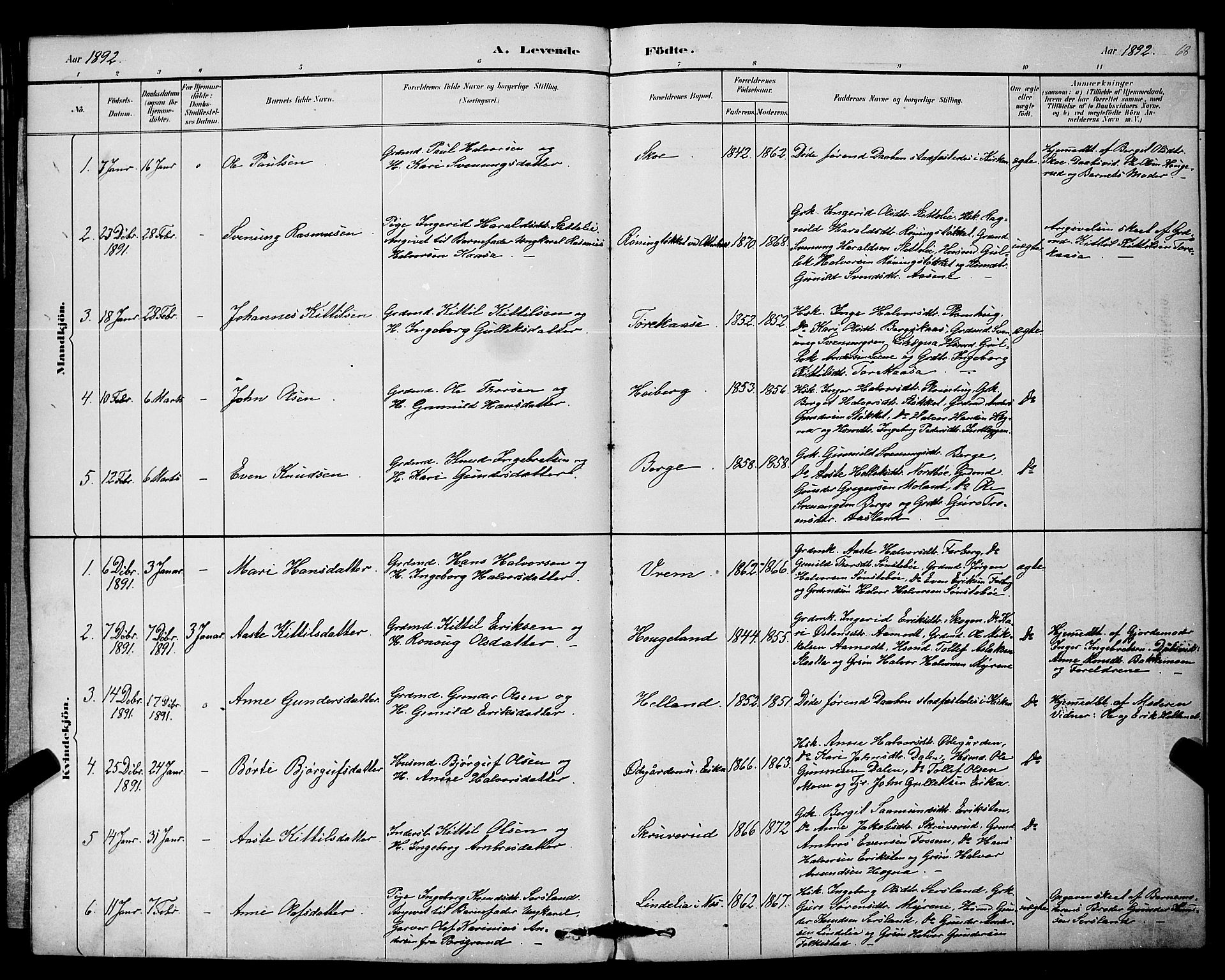 Bø kirkebøker, SAKO/A-257/G/Ga/L0005: Parish register (copy) no. 5, 1883-1897, p. 68