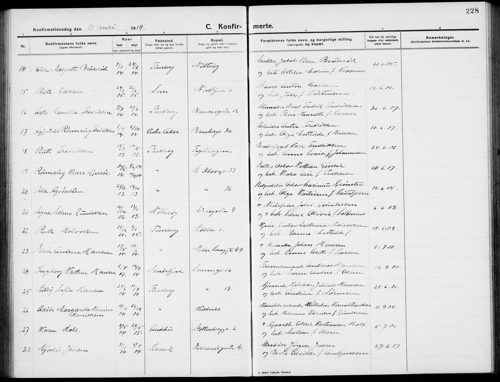 Tønsberg kirkebøker, AV/SAKO-A-330/G/Ga/L0009: Parish register (copy) no. 9, 1913-1920, p. 228