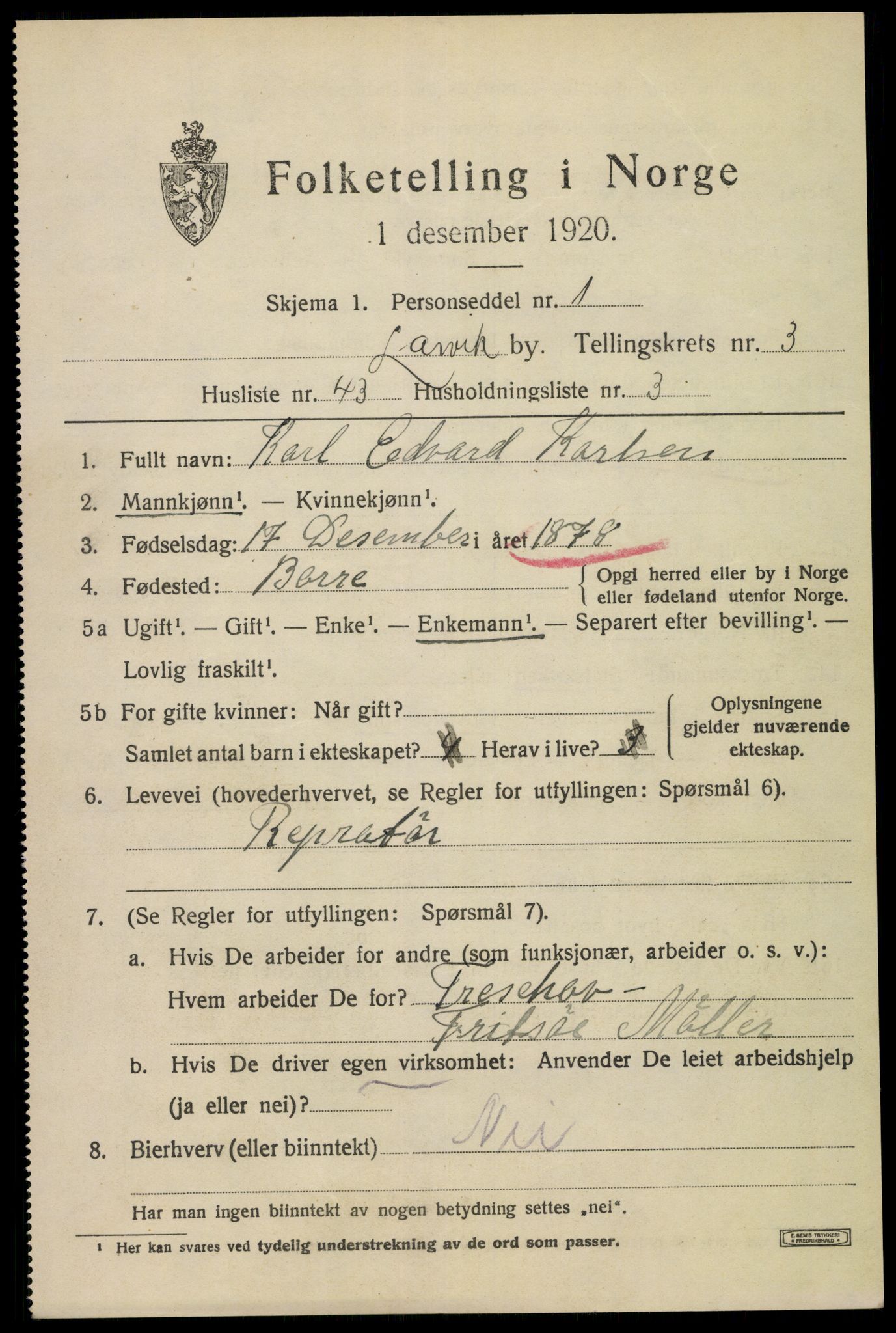 SAKO, 1920 census for Larvik, 1920, p. 13018