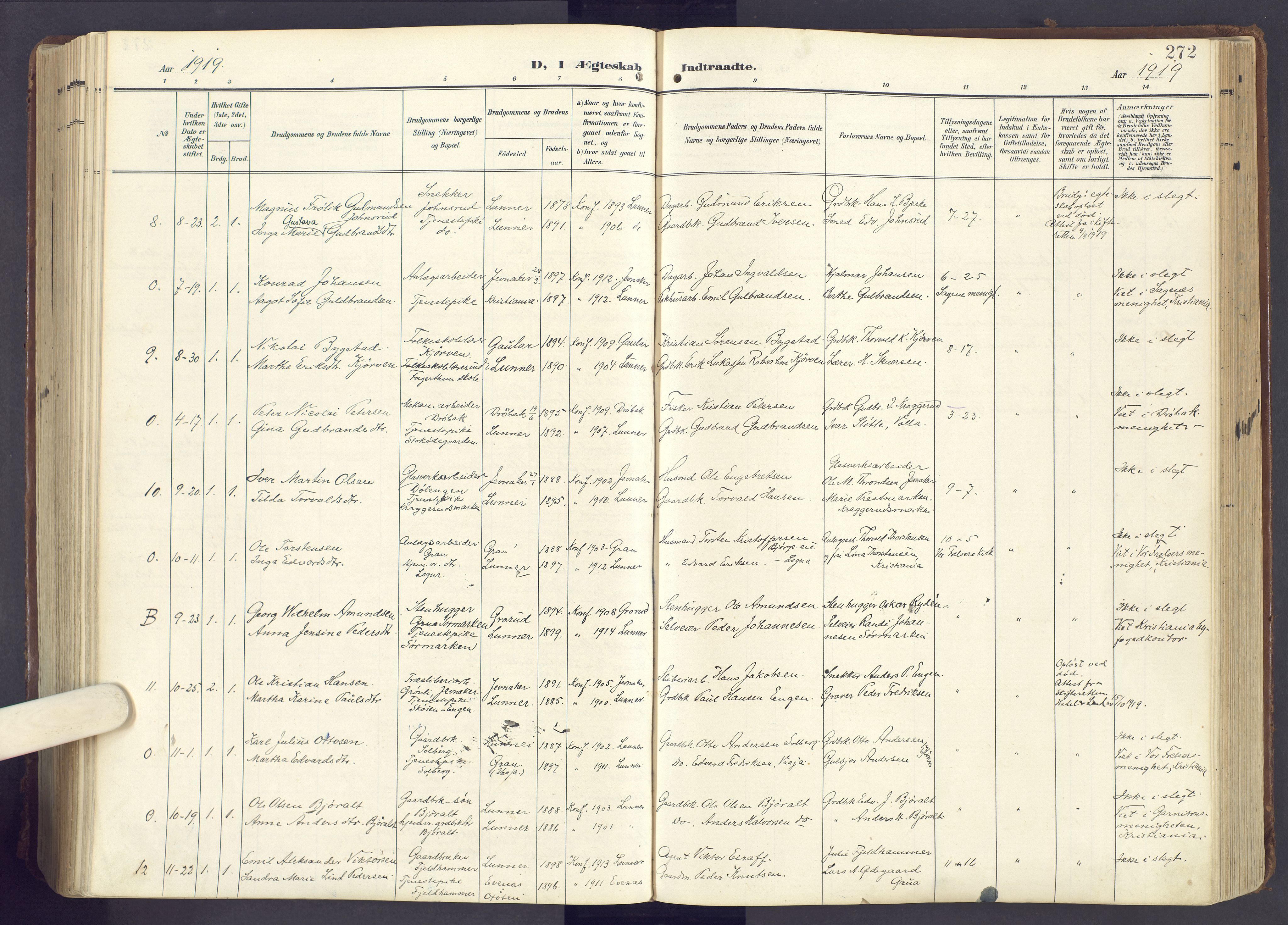 Lunner prestekontor, SAH/PREST-118/H/Ha/Haa/L0001: Parish register (official) no. 1, 1907-1922, p. 272