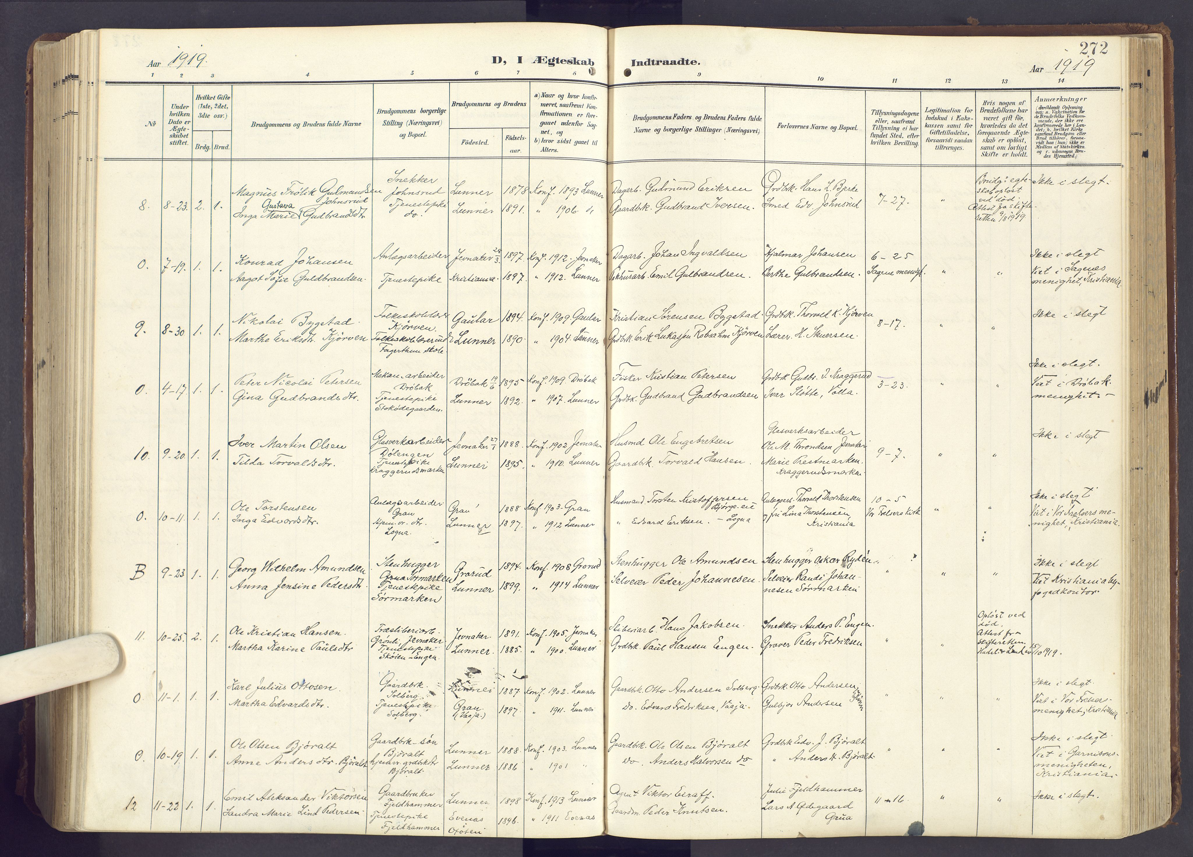 Lunner prestekontor, AV/SAH-PREST-118/H/Ha/Haa/L0001: Parish register (official) no. 1, 1907-1922, p. 272