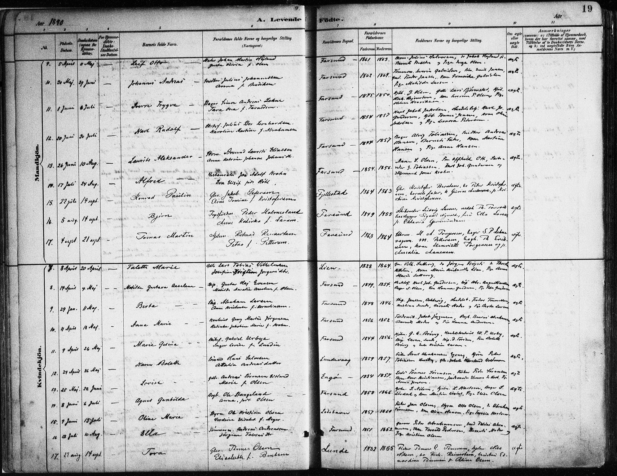 Farsund sokneprestkontor, SAK/1111-0009/F/Fa/L0006: Parish register (official) no. A 6, 1887-1920, p. 19