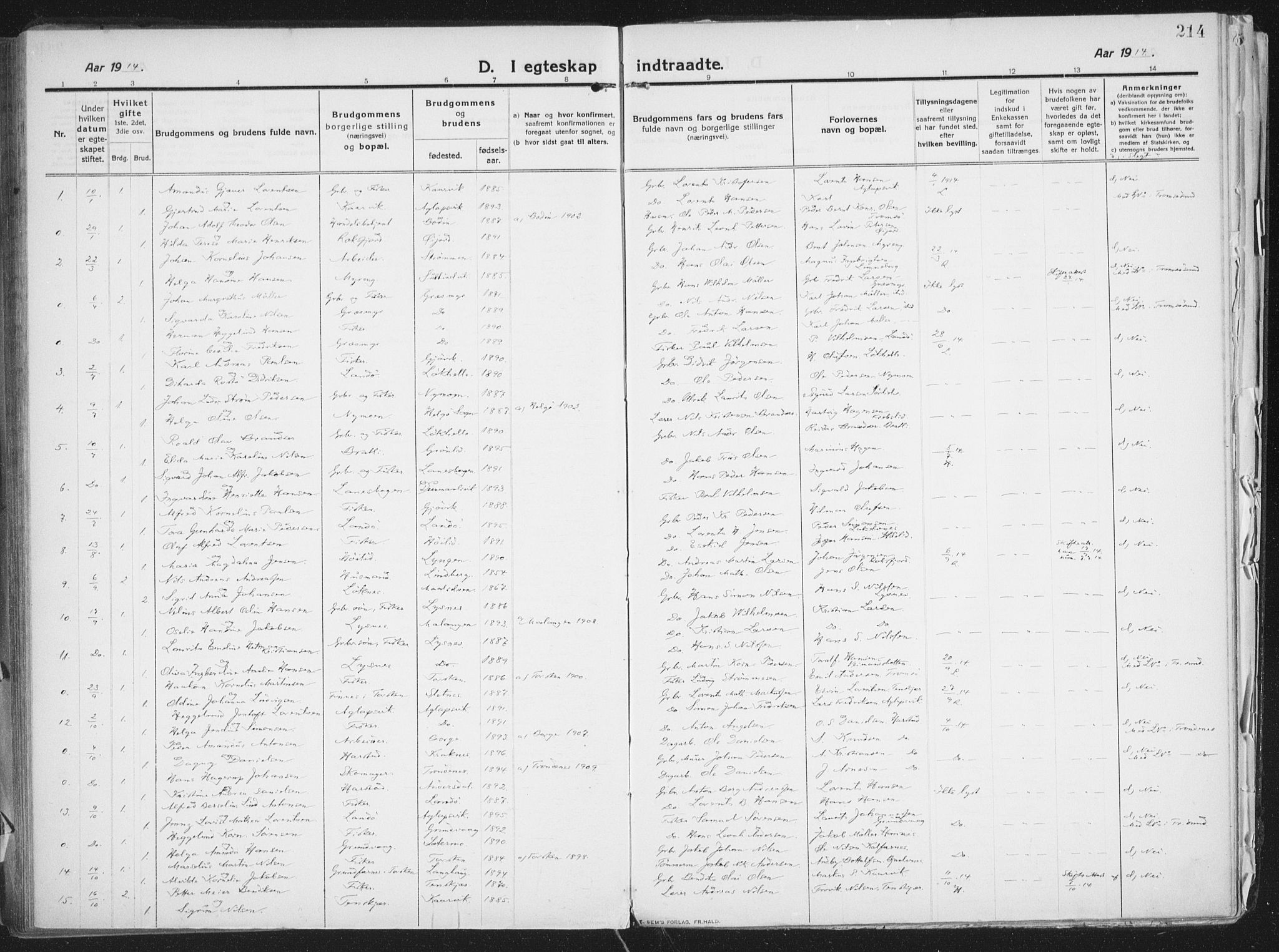 Lenvik sokneprestembete, SATØ/S-1310/H/Ha/Haa/L0016kirke: Parish register (official) no. 16, 1910-1924, p. 214