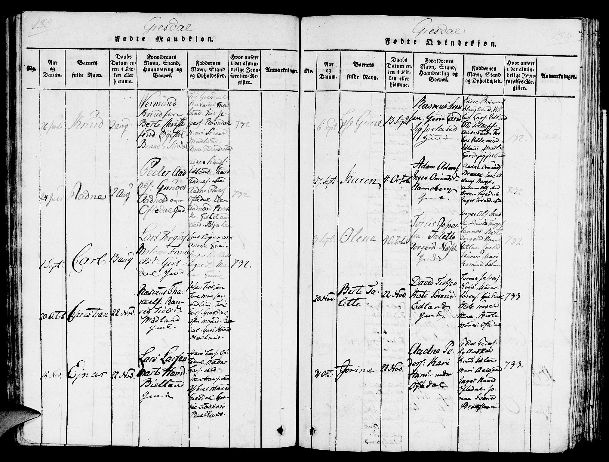 Lye sokneprestkontor, SAST/A-101794/001/30/30BA/L0003: Parish register (official) no. A 3 /2, 1816-1826, p. 133-134