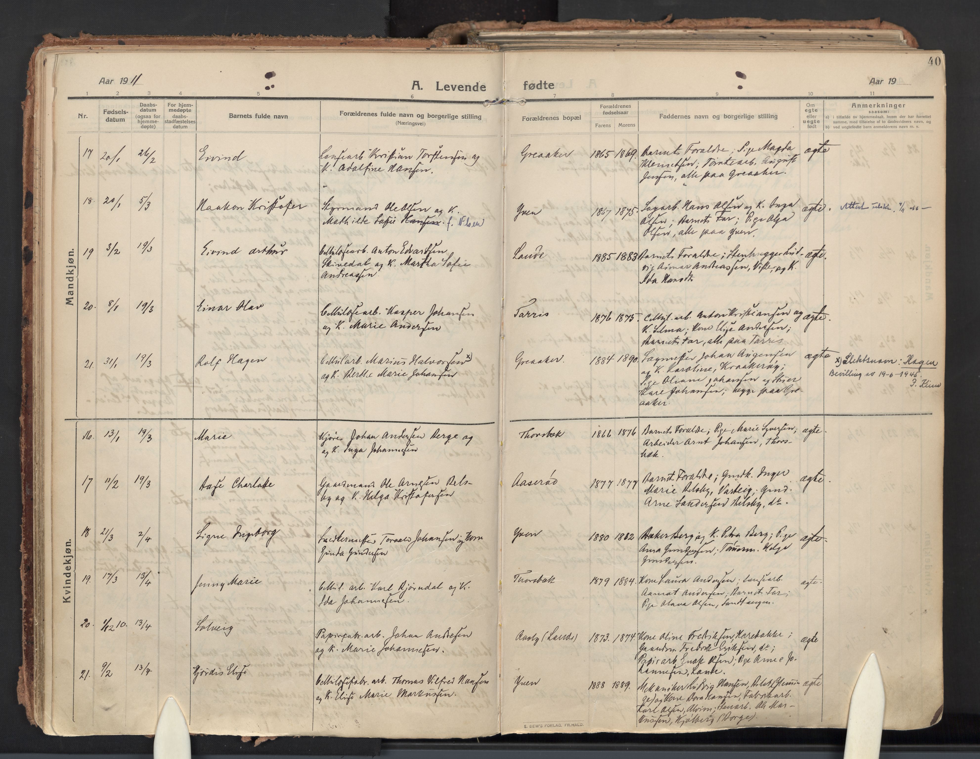 Tune prestekontor Kirkebøker, AV/SAO-A-2007/F/Fa/L0021: Parish register (official) no. 21, 1910-1916, p. 40