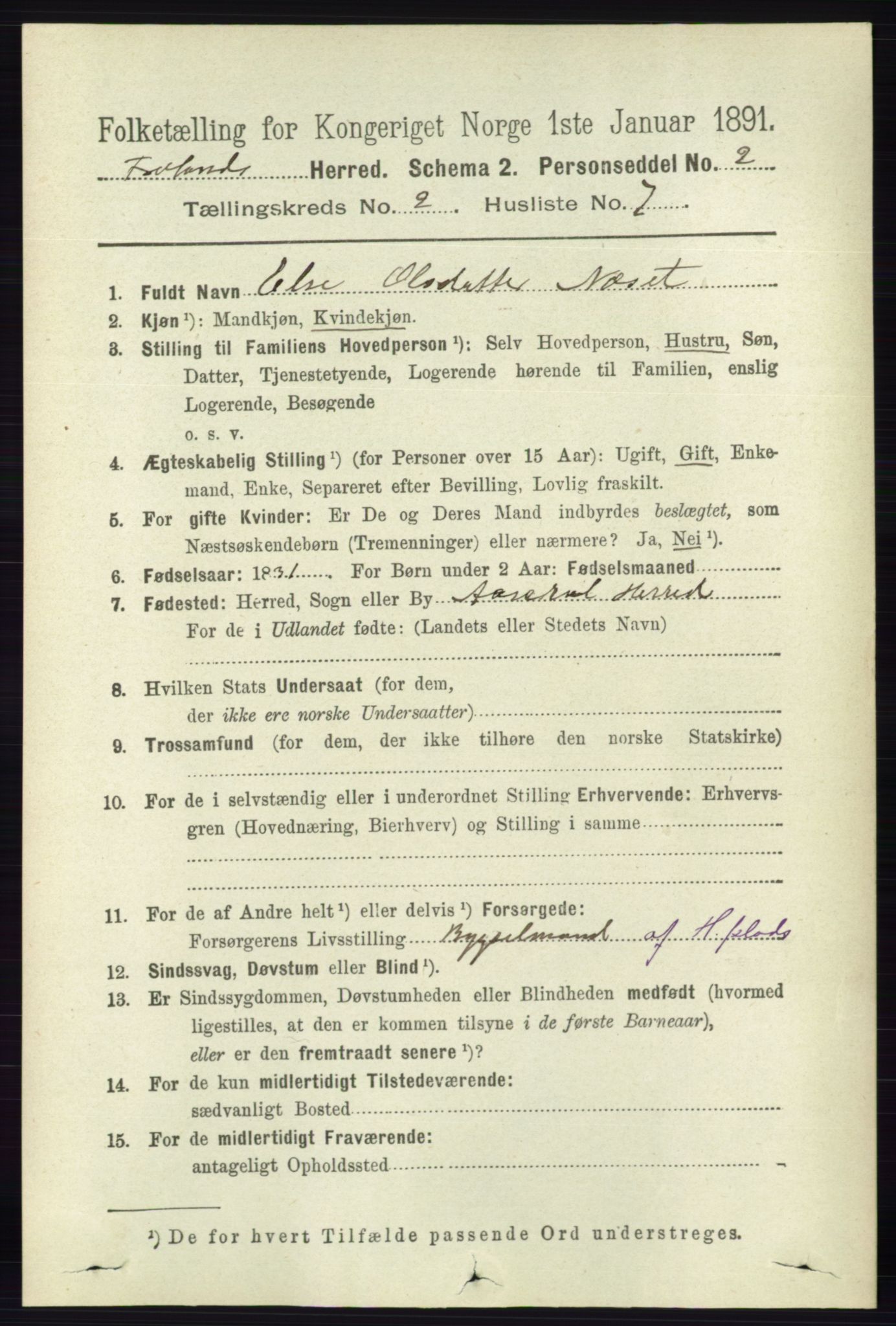 RA, 1891 census for 0919 Froland, 1891, p. 524