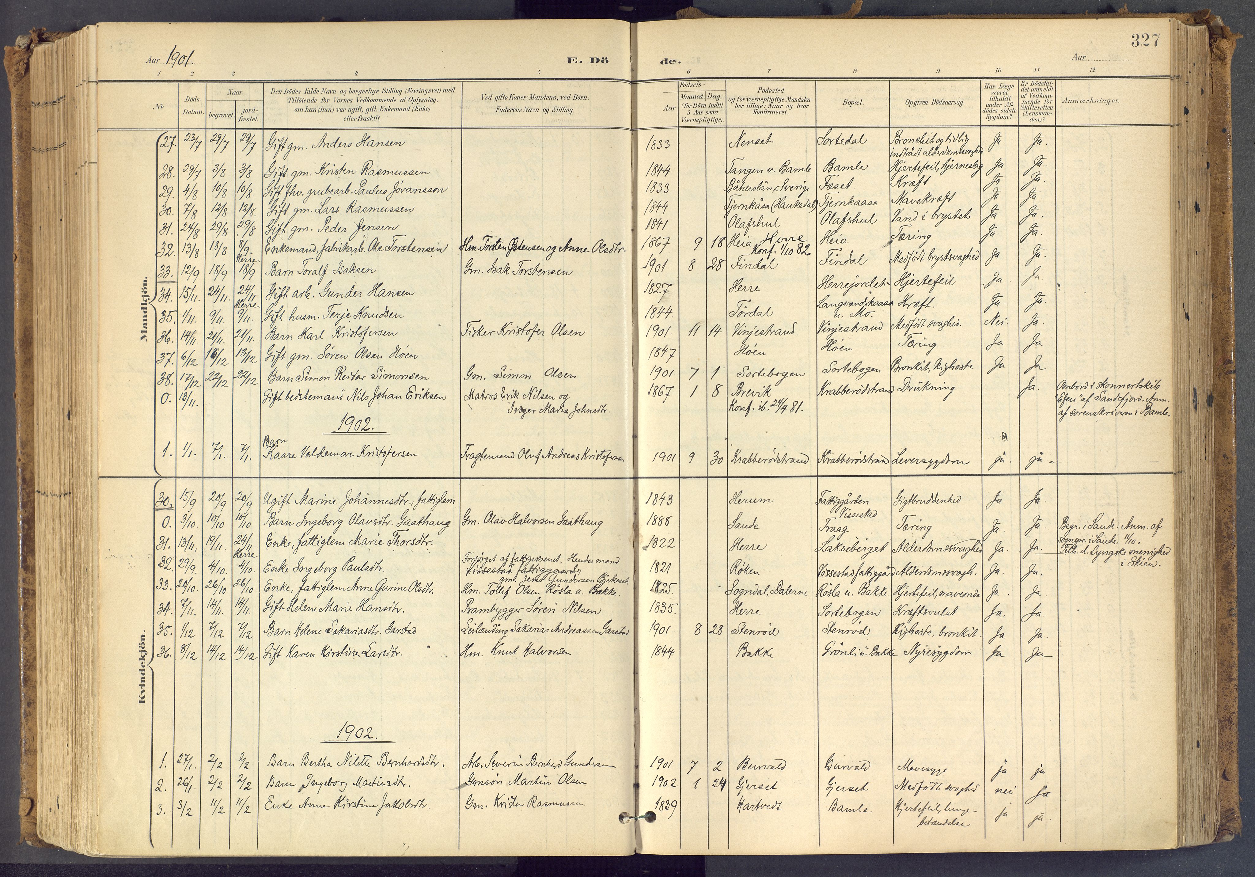 Bamble kirkebøker, SAKO/A-253/F/Fa/L0009: Parish register (official) no. I 9, 1901-1917, p. 327