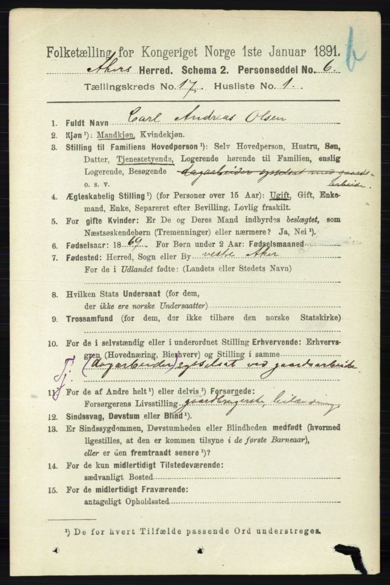 RA, 1891 census for 0218 Aker, 1891, p. 15854