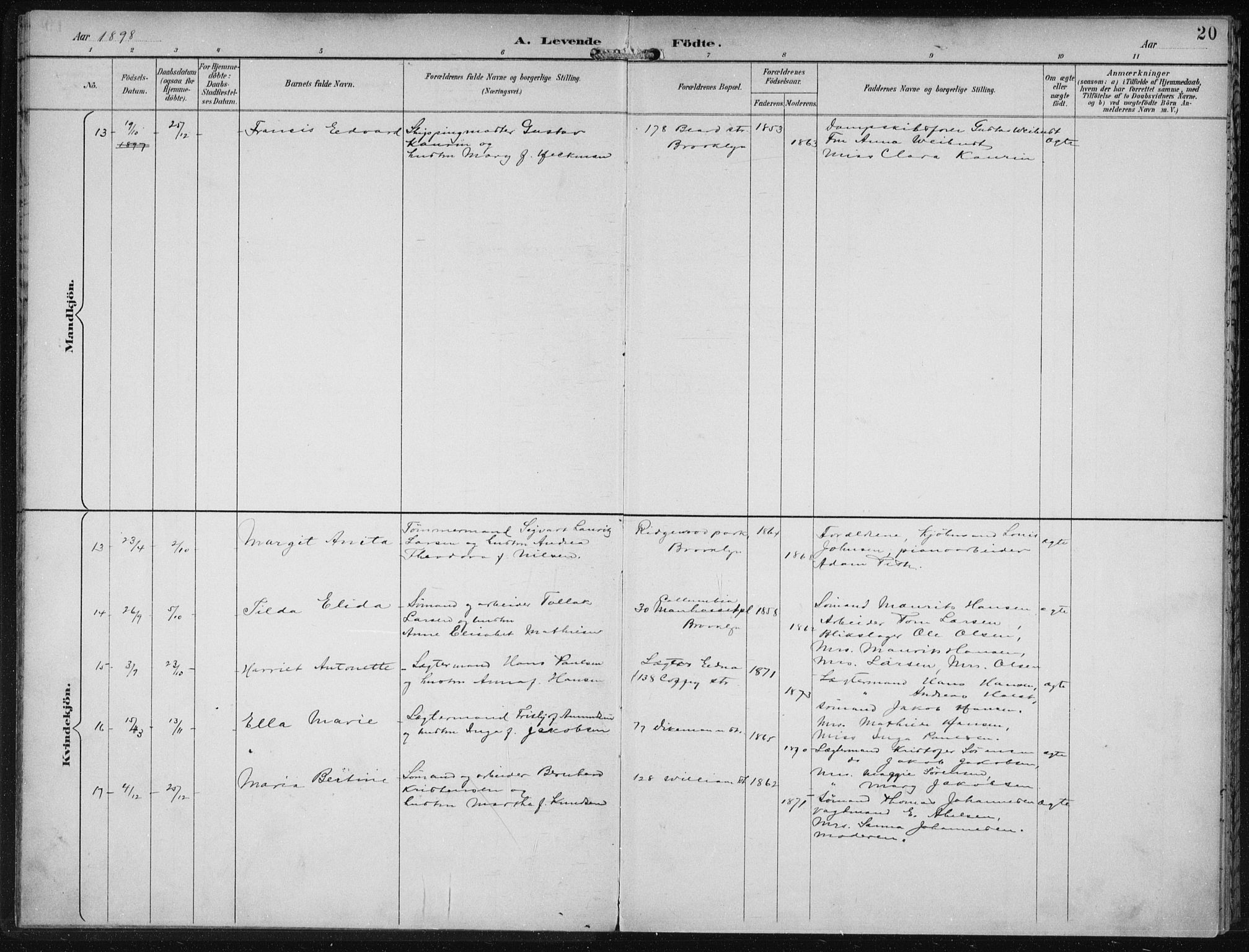 Den norske sjømannsmisjon i utlandet/New York, SAB/SAB/PA-0110/H/Ha/L0004: Parish register (official) no. A 4, 1893-1901, p. 20