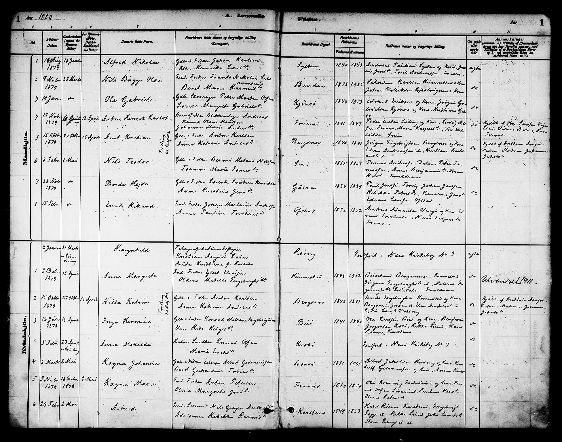 Ministerialprotokoller, klokkerbøker og fødselsregistre - Nord-Trøndelag, SAT/A-1458/786/L0686: Parish register (official) no. 786A02, 1880-1887, p. 1