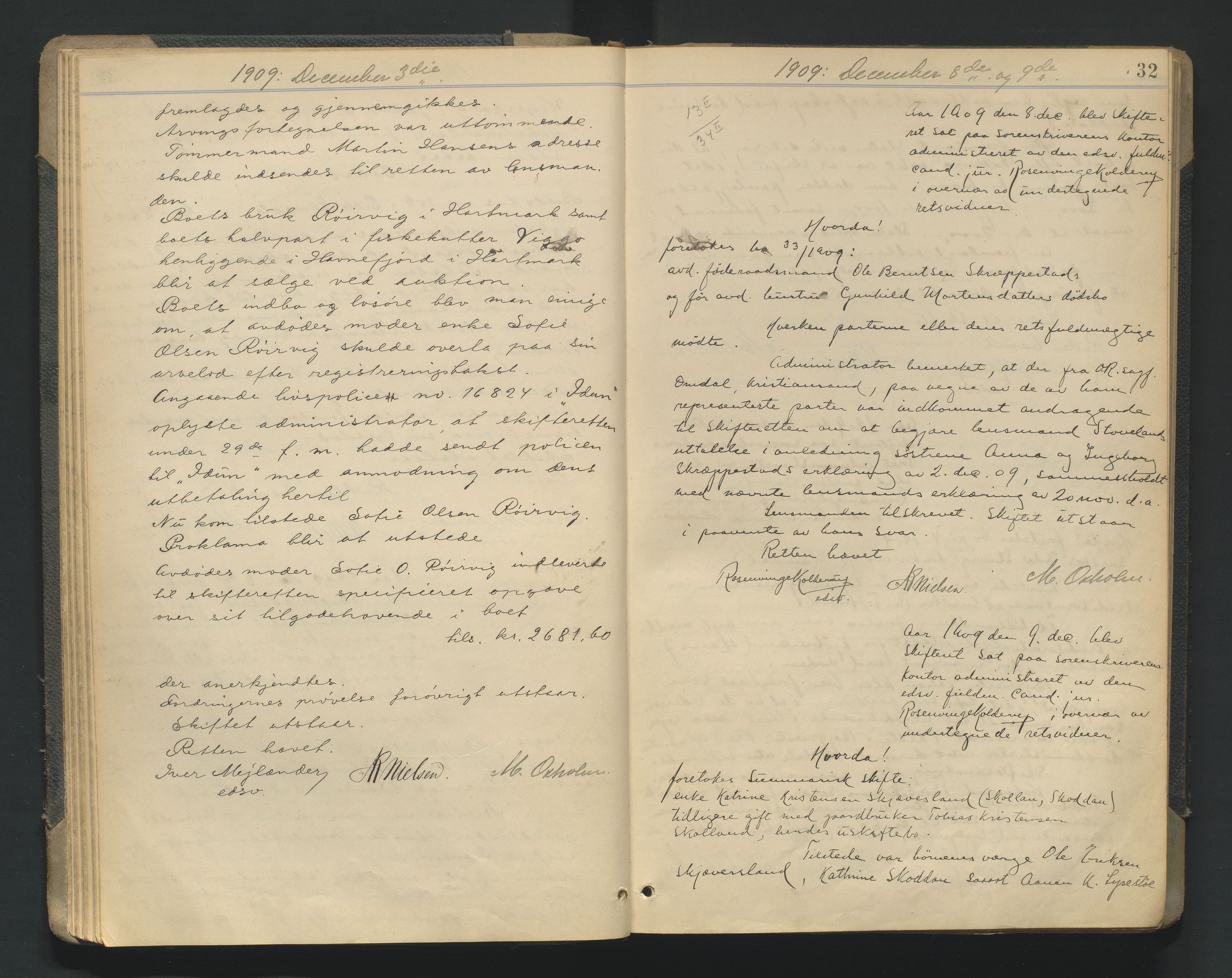 Mandal sorenskriveri, AV/SAK-1221-0005/001/H/Hc/L0081: Skifteforhandlingsprotokoll nr 13, 1909-1913, p. 32
