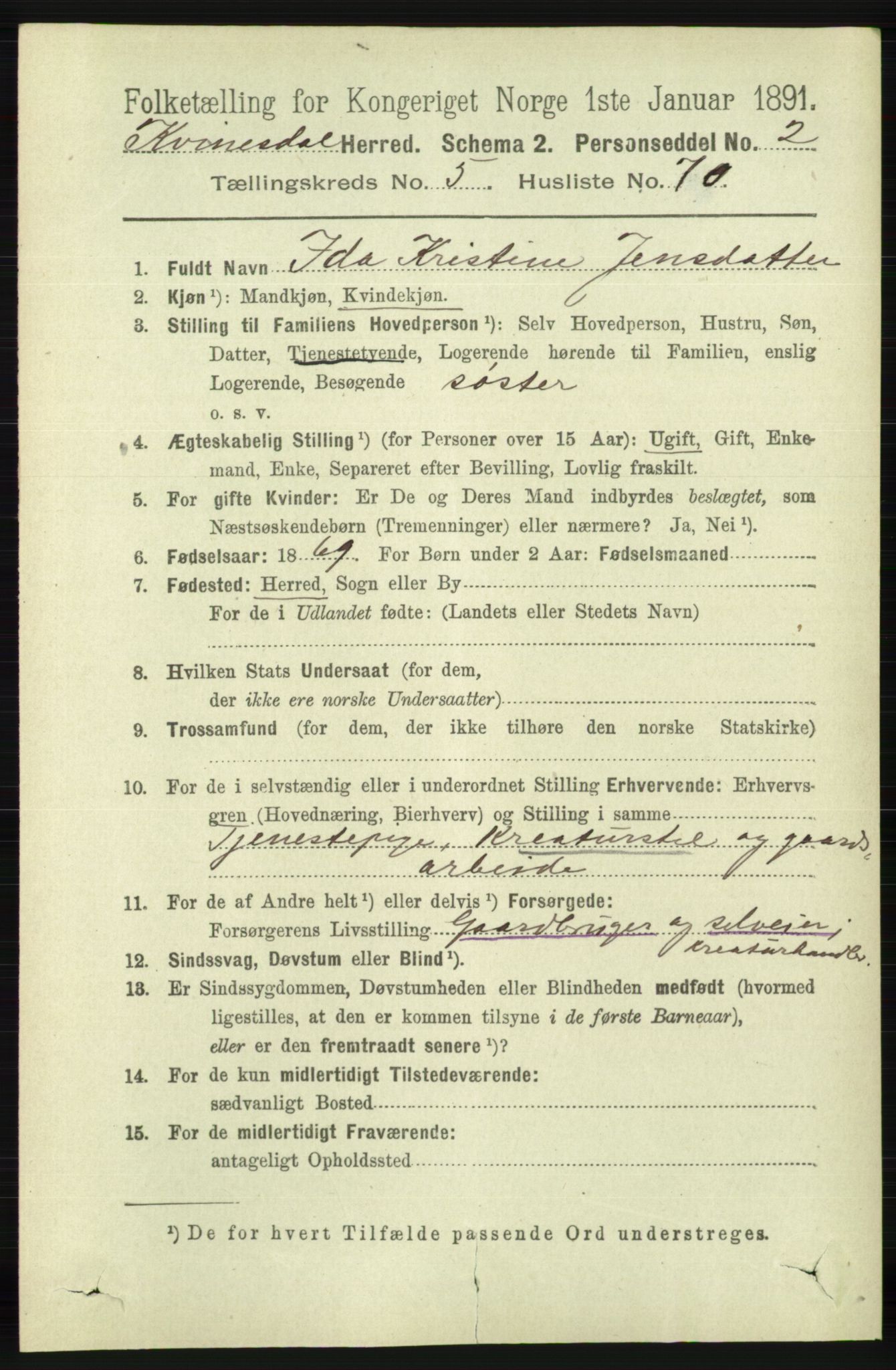 RA, 1891 census for 1037 Kvinesdal, 1891, p. 2043