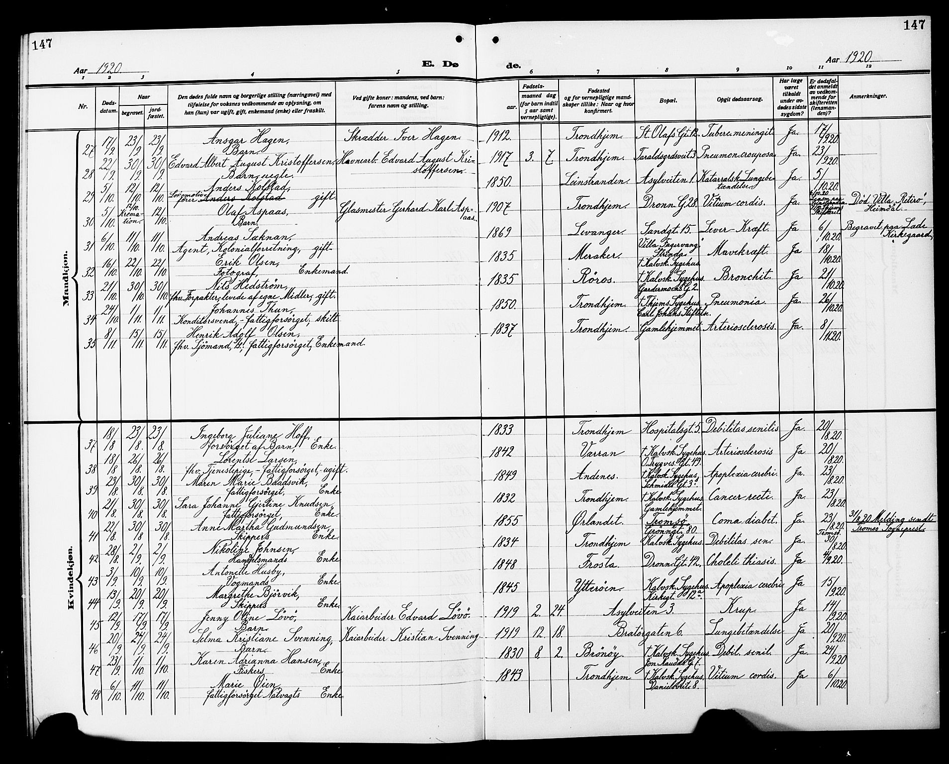 Ministerialprotokoller, klokkerbøker og fødselsregistre - Sør-Trøndelag, AV/SAT-A-1456/602/L0147: Parish register (copy) no. 602C15, 1911-1924, p. 147