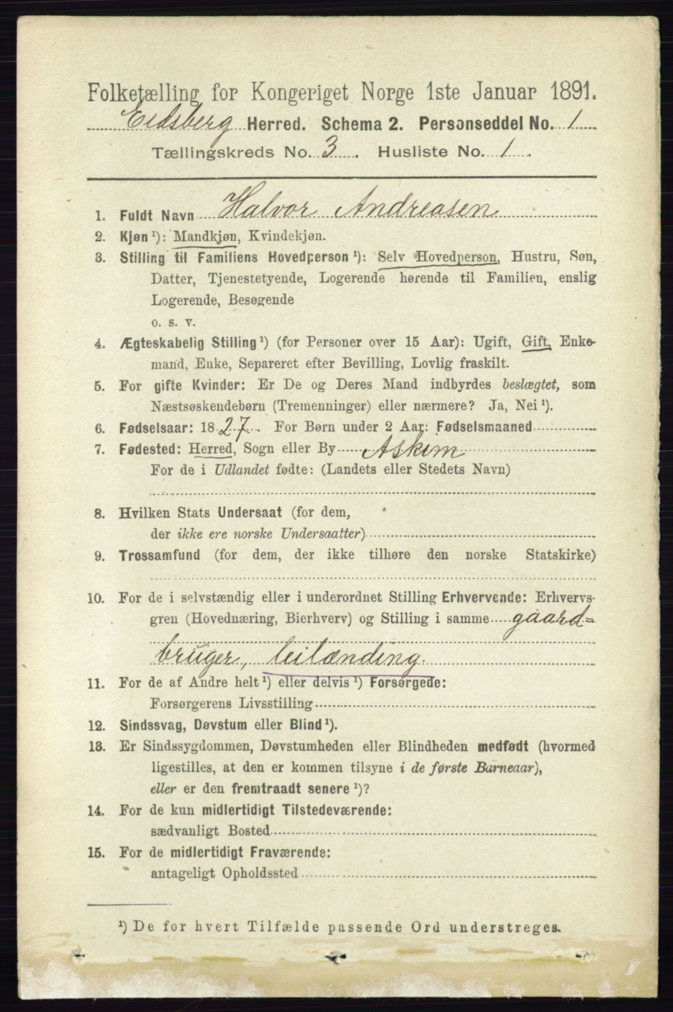 RA, 1891 census for 0125 Eidsberg, 1891, p. 1455