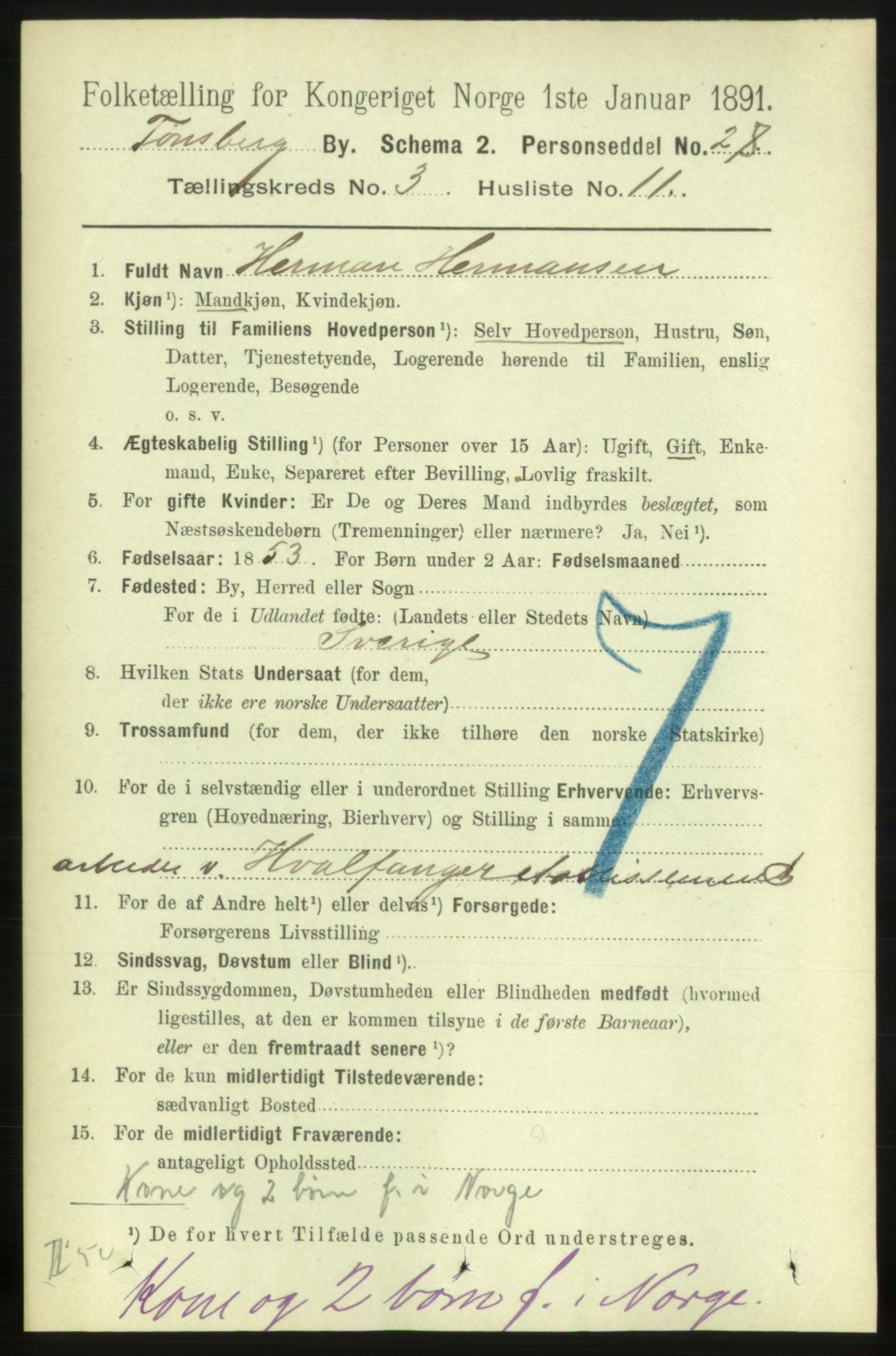 RA, 1891 census for 0705 Tønsberg, 1891, p. 1888