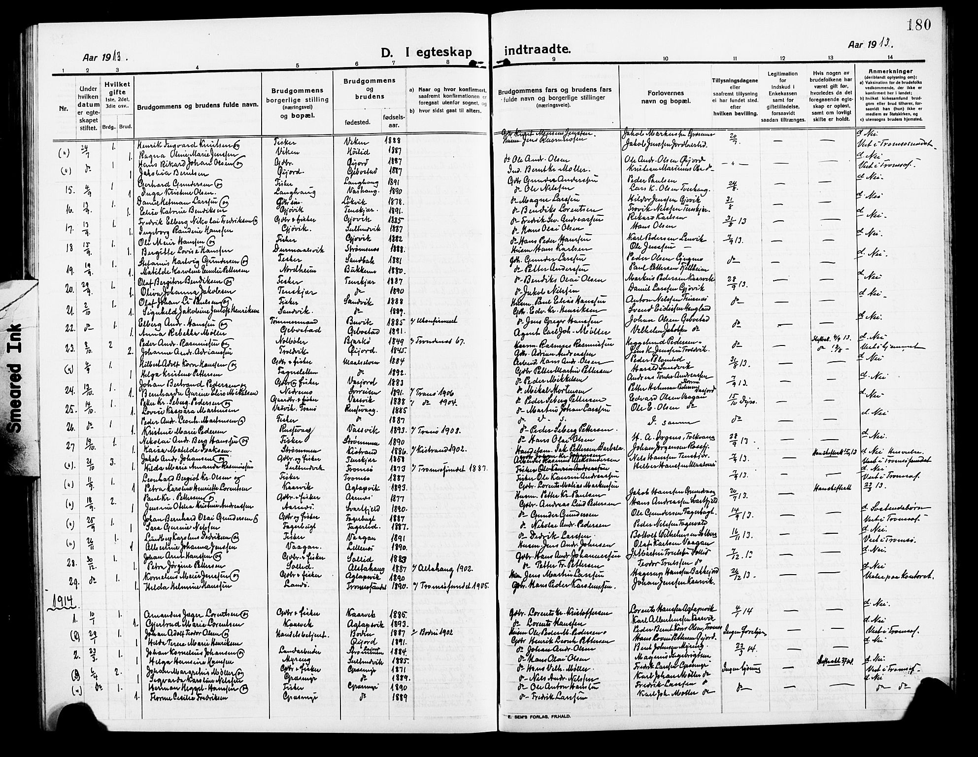 Lenvik sokneprestembete, AV/SATØ-S-1310/H/Ha/Hab/L0009klokker: Parish register (copy) no. 9, 1912-1926, p. 180