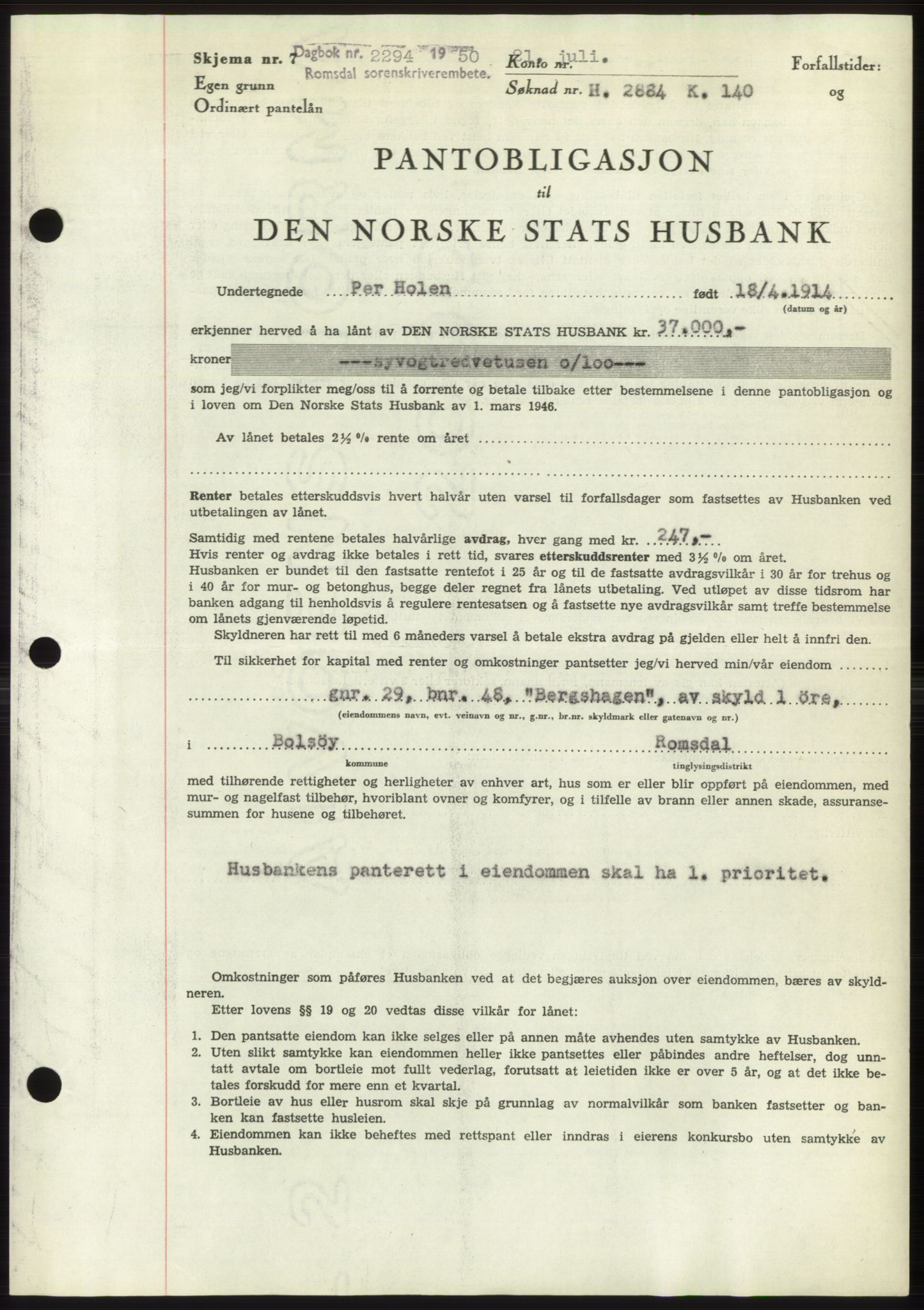 Romsdal sorenskriveri, AV/SAT-A-4149/1/2/2C: Mortgage book no. B5, 1949-1950, Diary no: : 2294/1950