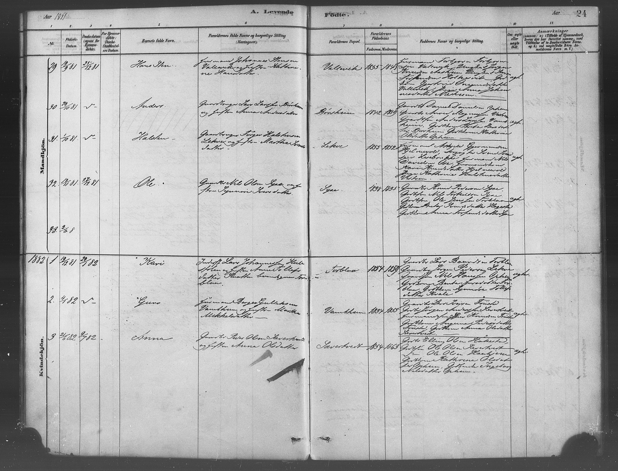 Ulvik sokneprestembete, SAB/A-78801/H/Haa: Parish register (official) no. B 1, 1878-1897, p. 24