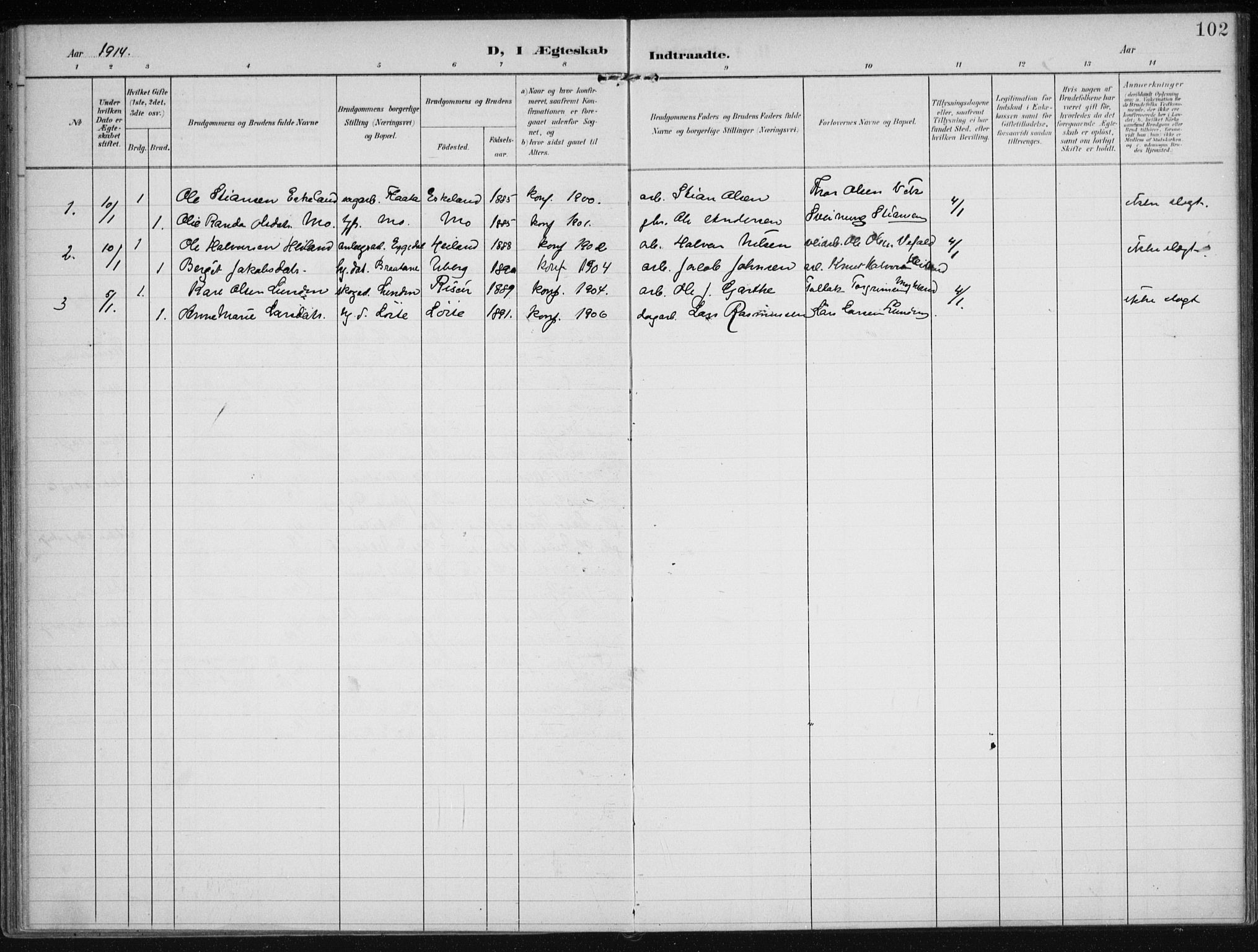 Gjerstad sokneprestkontor, SAK/1111-0014/F/Fa/Faa/L0011: Parish register (official) no. A 11, 1903-1914, p. 102