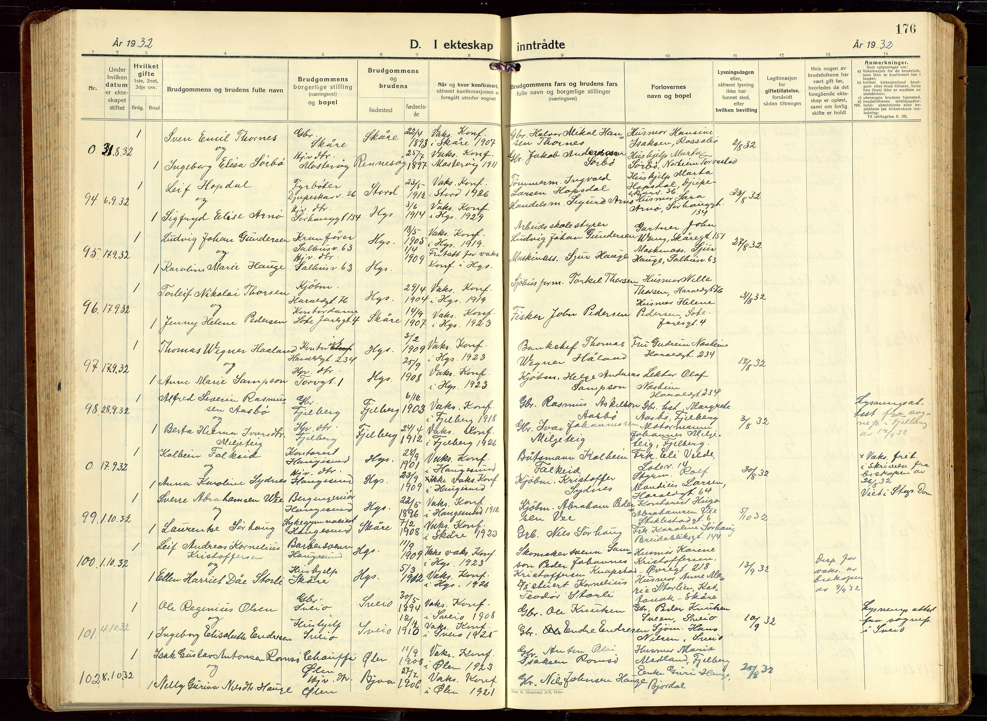 Haugesund sokneprestkontor, SAST/A -101863/H/Ha/Hab/L0013: Parish register (copy) no. B 13, 1931-1943, p. 176