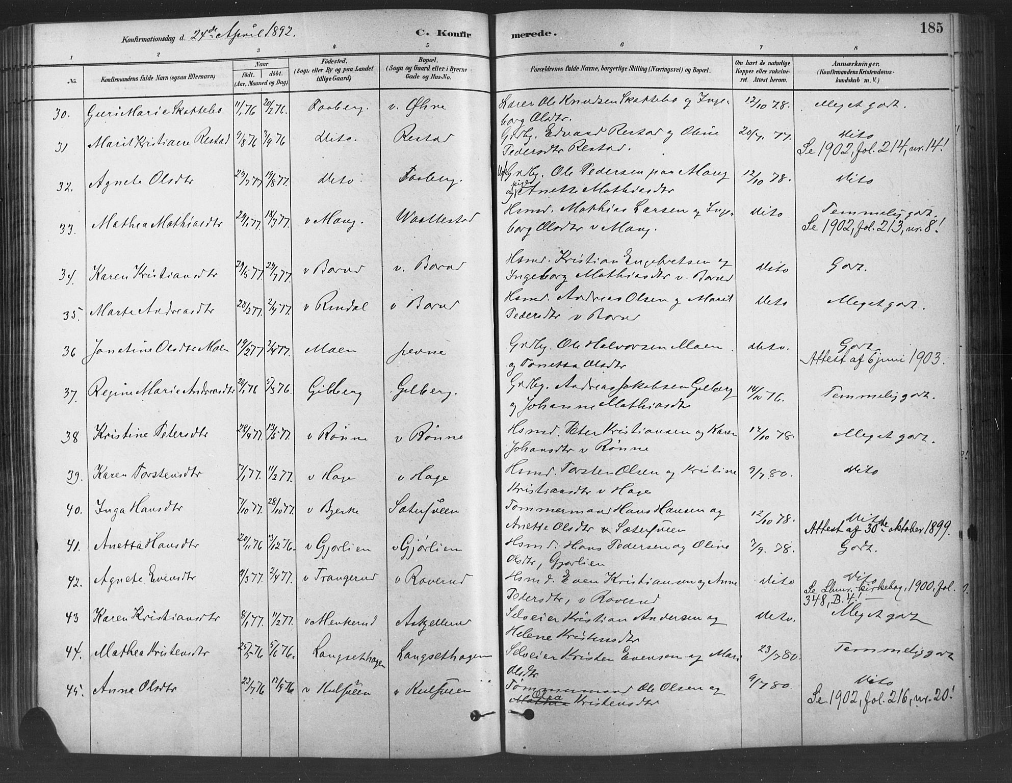 Fåberg prestekontor, SAH/PREST-086/H/Ha/Haa/L0009: Parish register (official) no. 9, 1879-1898, p. 185