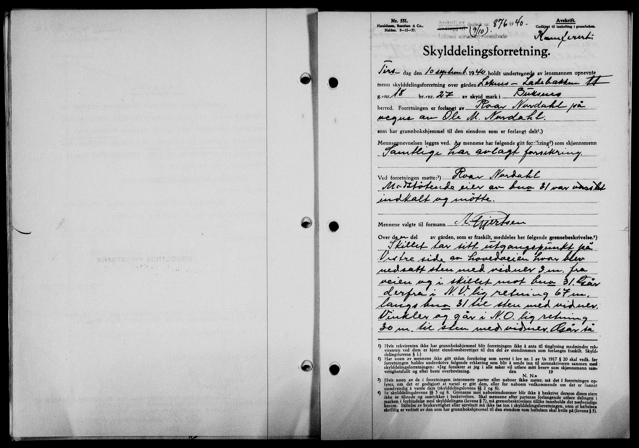 Lofoten sorenskriveri, SAT/A-0017/1/2/2C/L0007a: Mortgage book no. 7a, 1939-1940, Diary no: : 876/1940