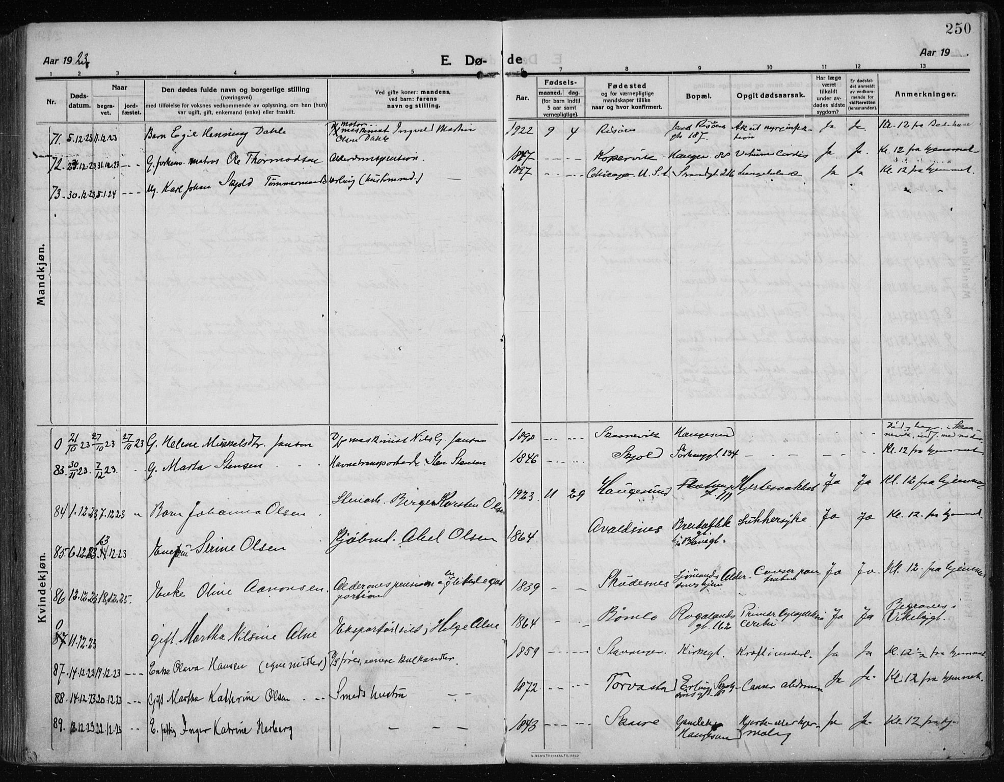 Haugesund sokneprestkontor, AV/SAST-A -101863/H/Ha/Haa/L0009: Parish register (official) no. A 9, 1914-1929, p. 250