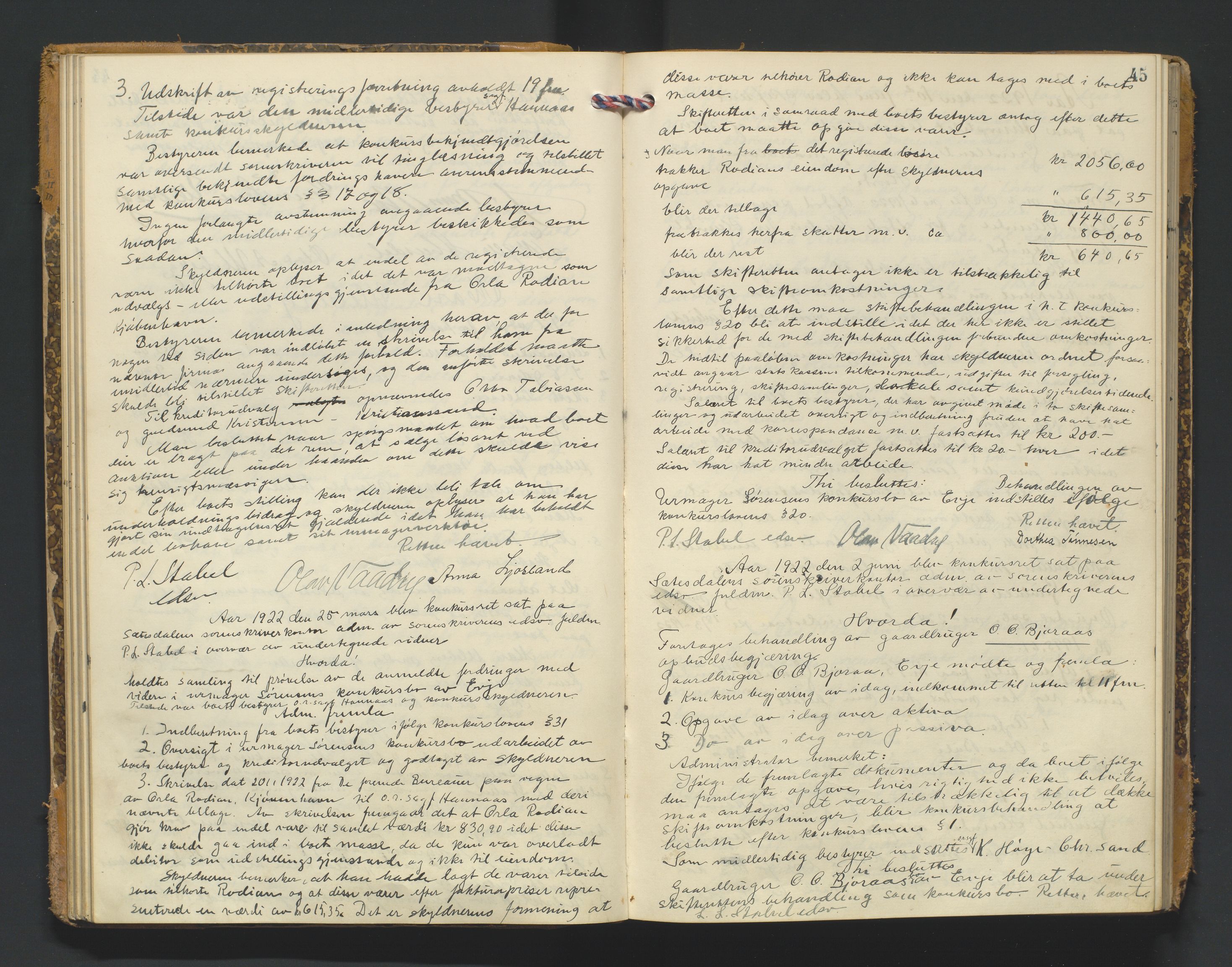 Setesdal sorenskriveri, AV/SAK-1221-0011/H/Hc/L0040: Skifteforhandlingsprotokoll nr 12, 1920-1927, p. 45