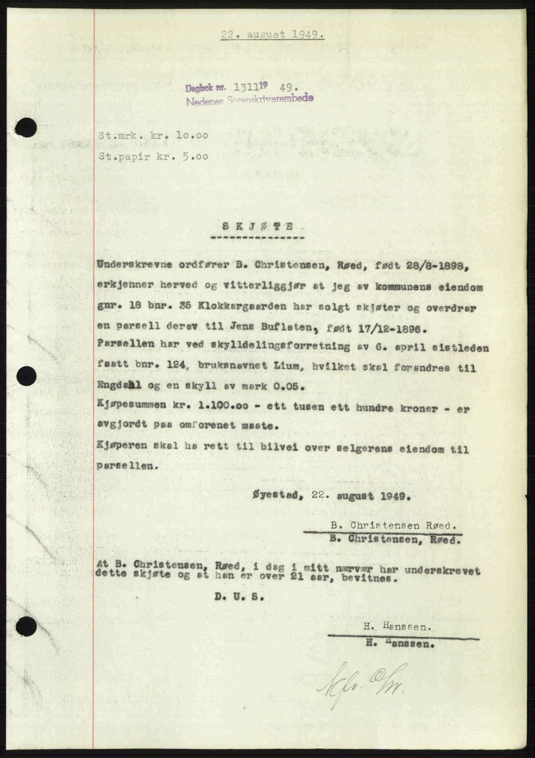 Nedenes sorenskriveri, SAK/1221-0006/G/Gb/Gba/L0061: Mortgage book no. A13, 1949-1949, Diary no: : 1311/1949