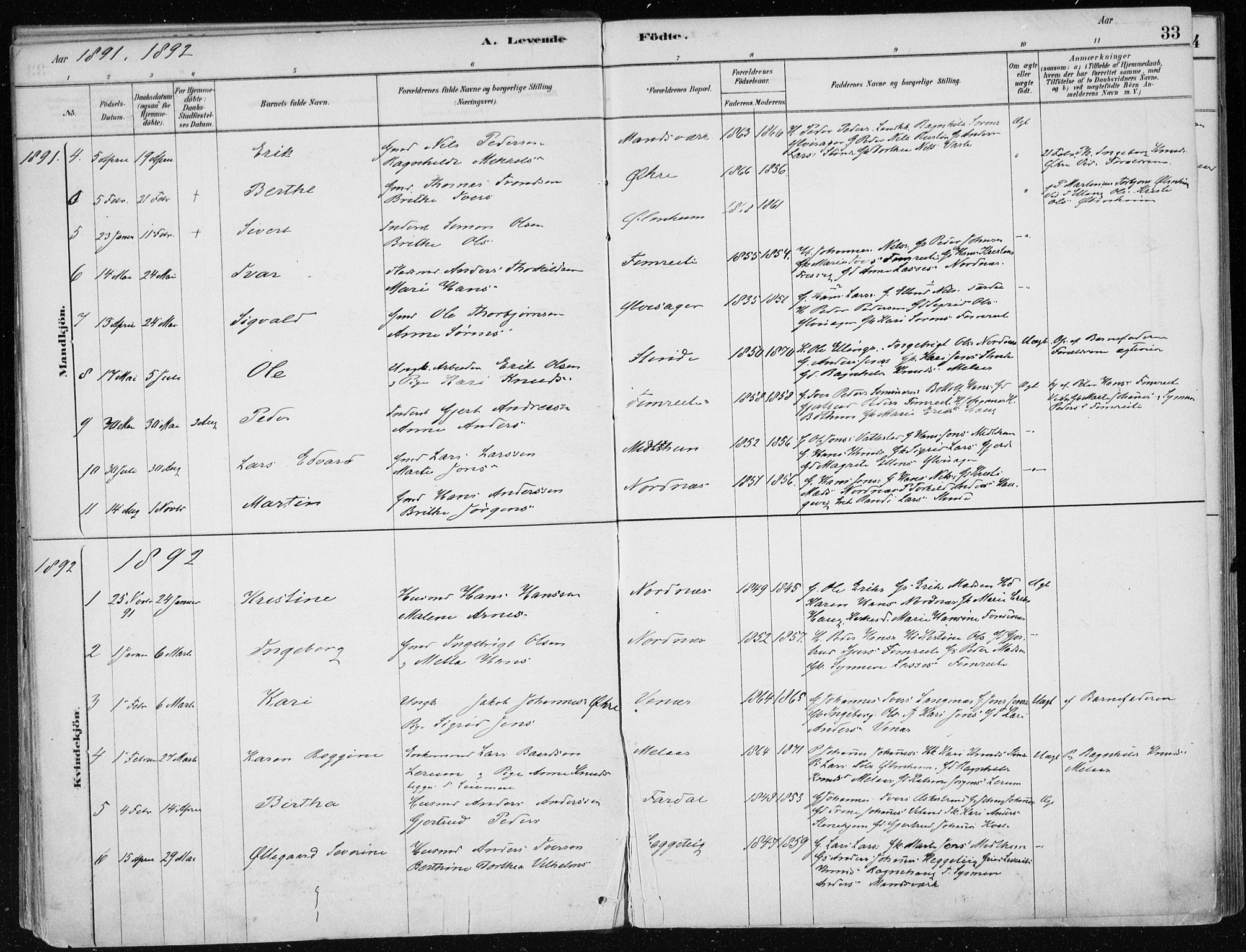 Sogndal sokneprestembete, AV/SAB-A-81301/H/Haa/Haac/L0001: Parish register (official) no. C 1, 1878-1907, p. 33