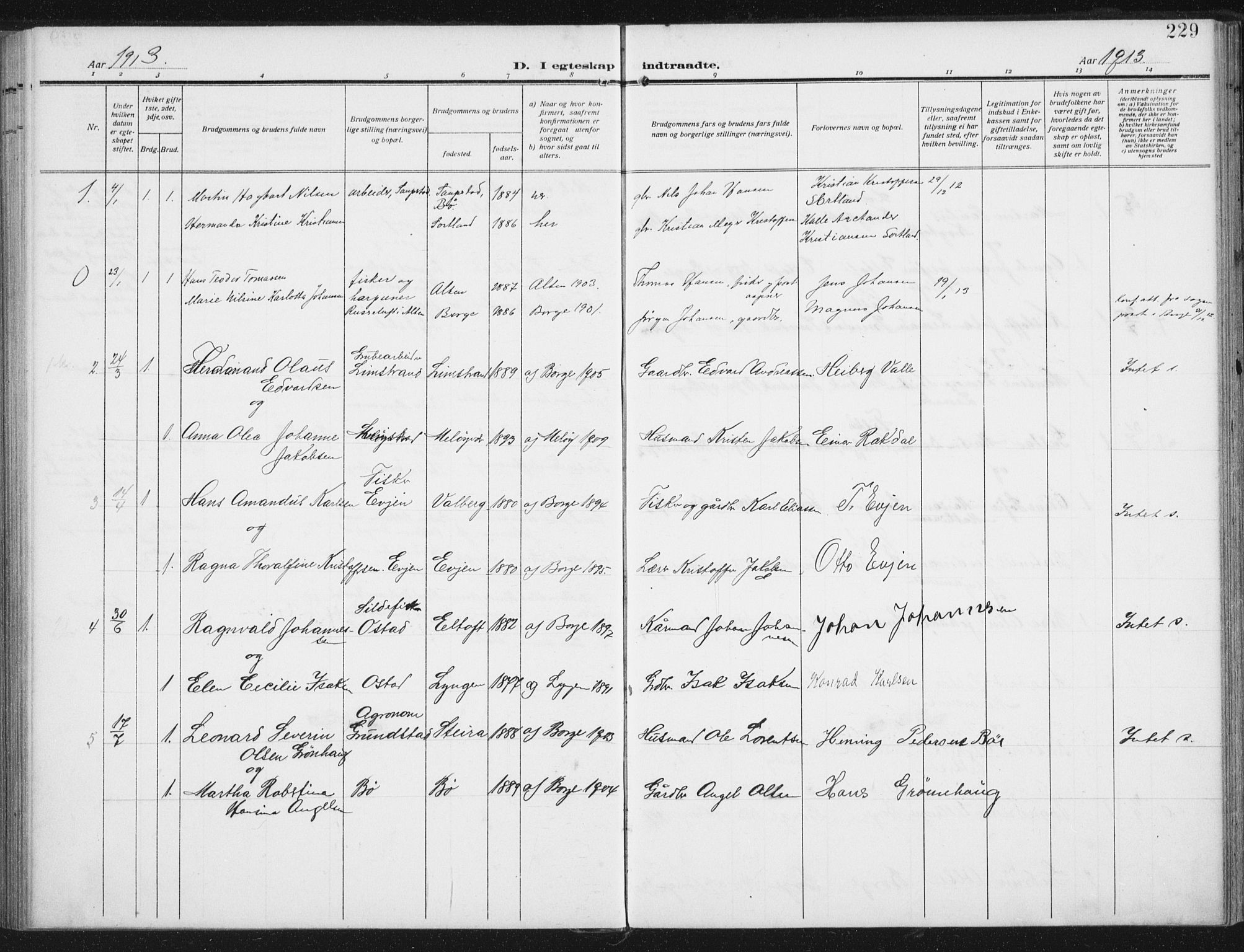 Ministerialprotokoller, klokkerbøker og fødselsregistre - Nordland, AV/SAT-A-1459/880/L1135: Parish register (official) no. 880A09, 1908-1919, p. 229