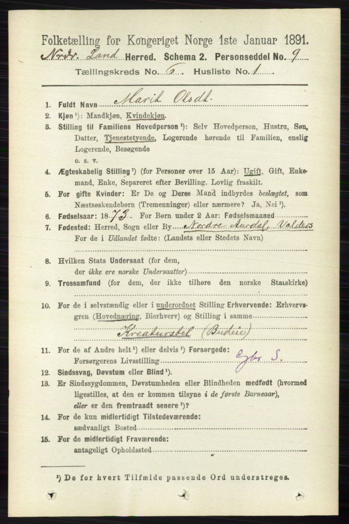 RA, 1891 census for 0538 Nordre Land, 1891, p. 1789