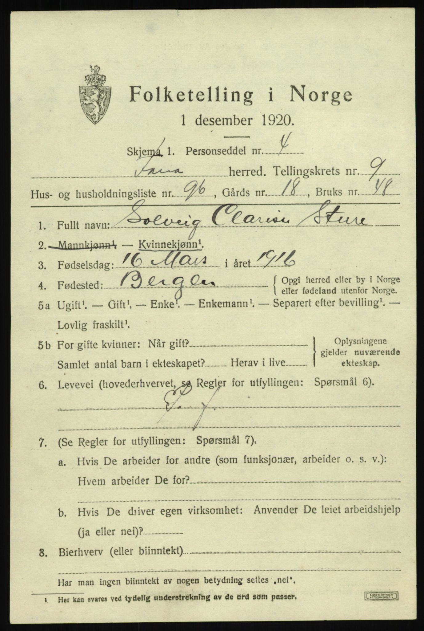 SAB, 1920 census for Fana, 1920, p. 16583