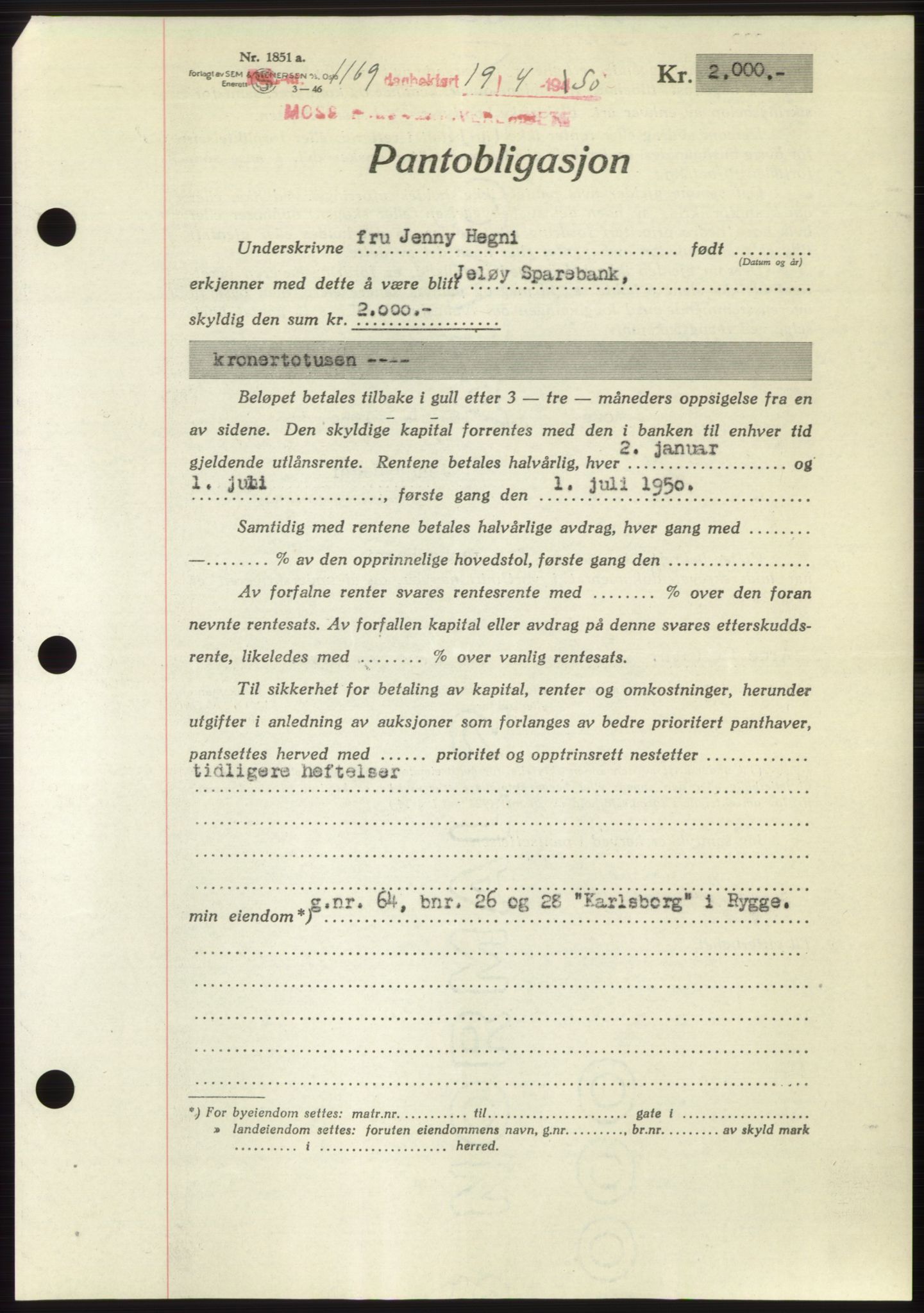 Moss sorenskriveri, AV/SAO-A-10168: Mortgage book no. B24, 1950-1950, Diary no: : 1169/1950