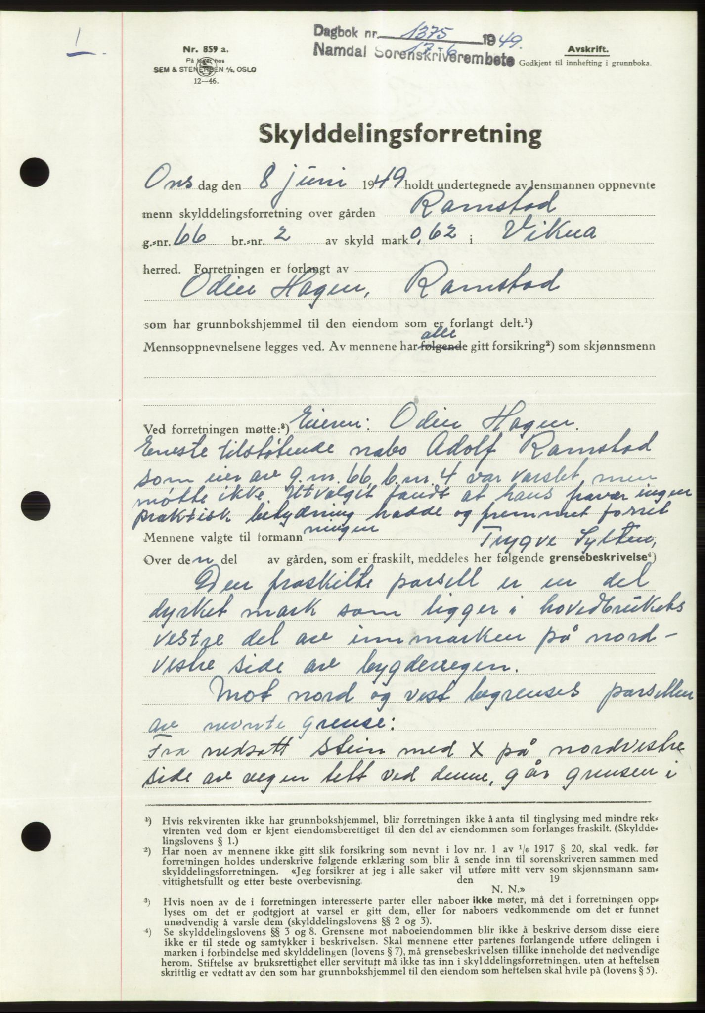 Namdal sorenskriveri, AV/SAT-A-4133/1/2/2C: Mortgage book no. -, 1949-1949, Diary no: : 1375/1949