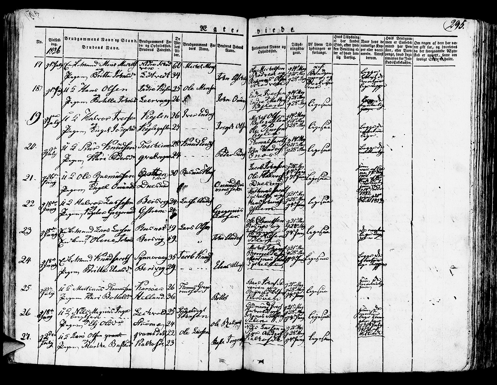 Lindås Sokneprestembete, SAB/A-76701/H/Haa: Parish register (official) no. A 8, 1823-1836, p. 295