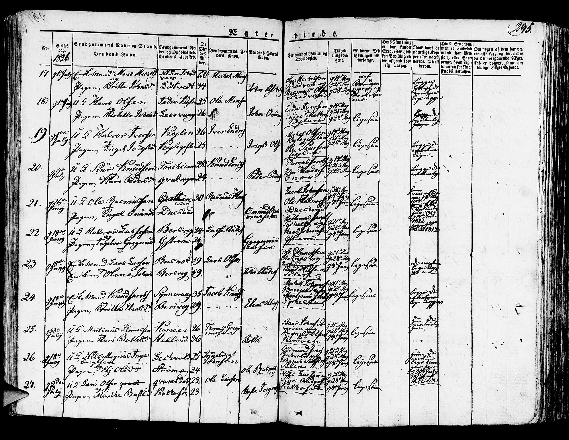 Lindås Sokneprestembete, AV/SAB-A-76701/H/Haa/Haaa/L0008: Parish register (official) no. A 8, 1823-1836, p. 295