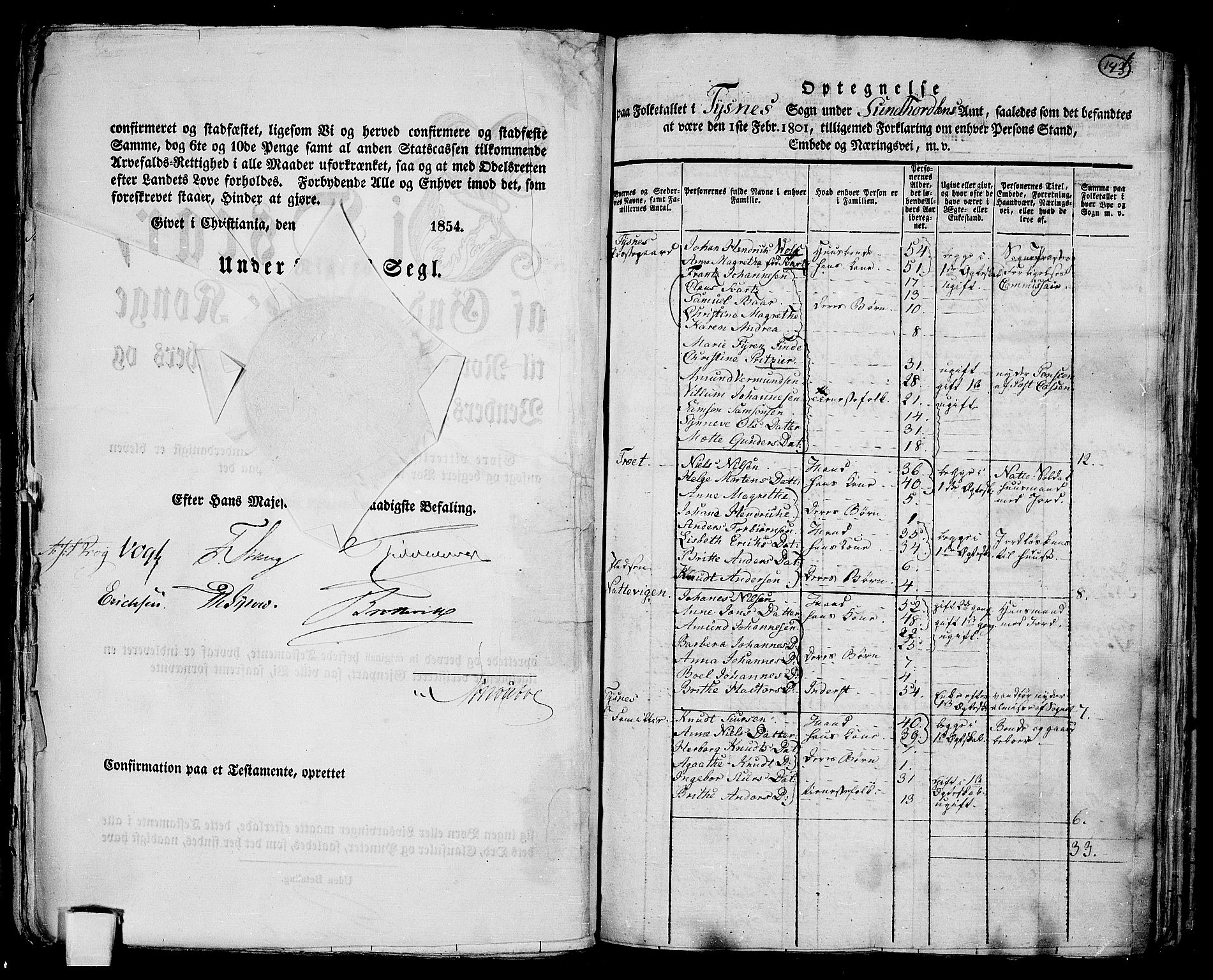 RA, 1801 census for 1223P Tysnes, 1801, p. 143a