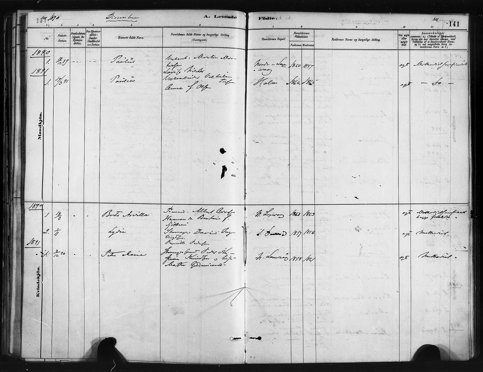 Askøy Sokneprestembete, AV/SAB-A-74101/H/Ha/Haa/Haae/L0002: Parish register (official) no. E 2, 1878-1891, p. 141