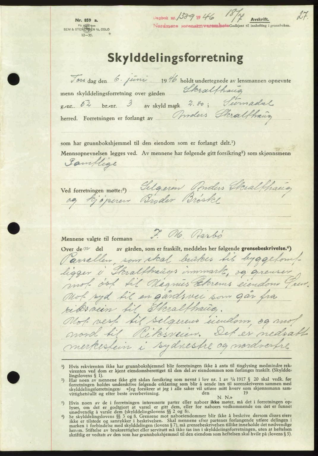 Nordmøre sorenskriveri, AV/SAT-A-4132/1/2/2Ca: Mortgage book no. A102, 1946-1946, Diary no: : 1339/1946