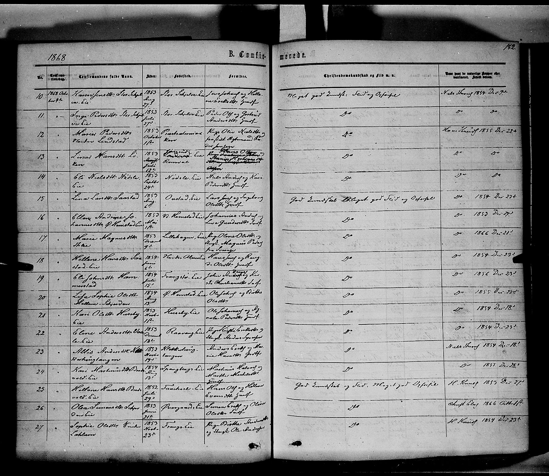 Stange prestekontor, SAH/PREST-002/K/L0013: Parish register (official) no. 13, 1862-1879, p. 182