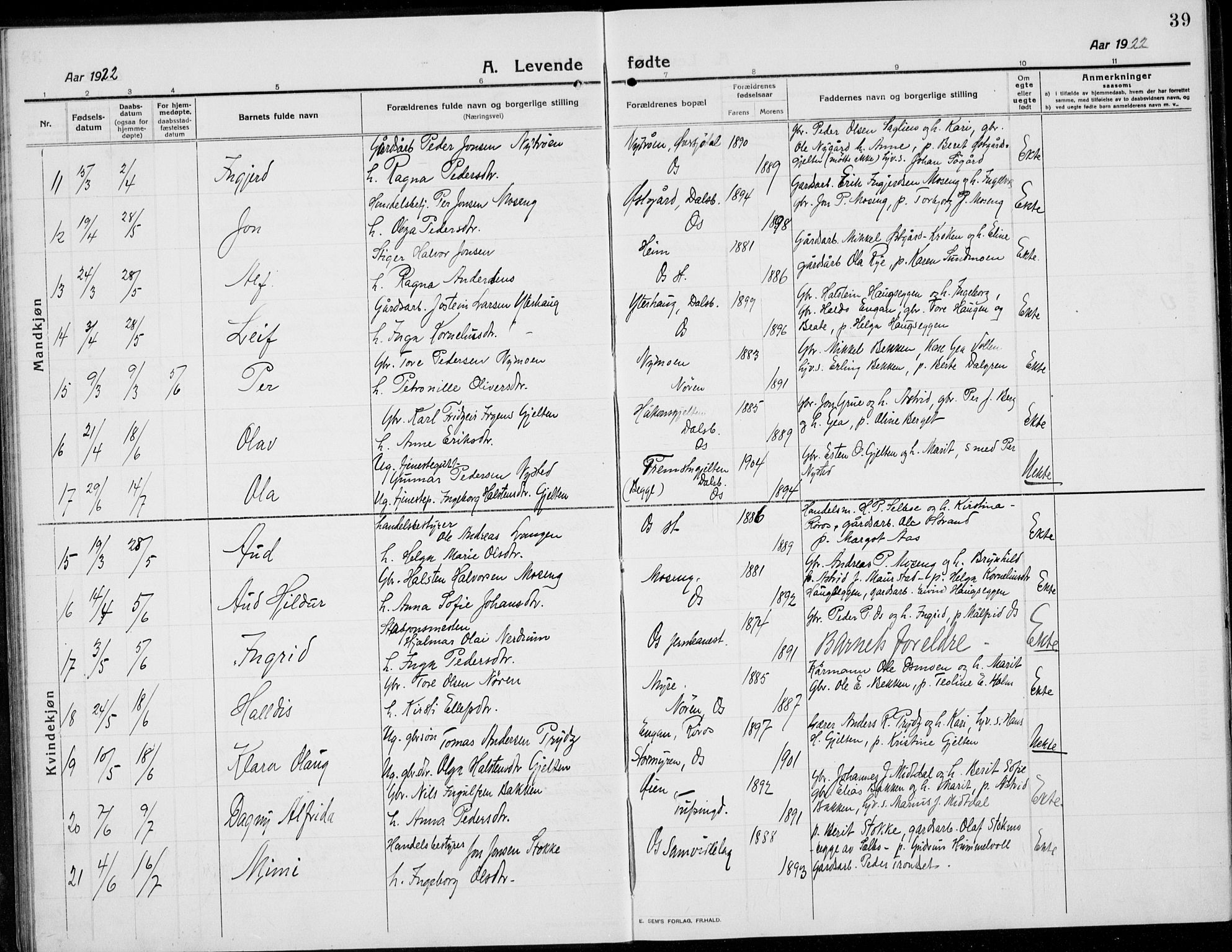 Tolga prestekontor, SAH/PREST-062/L/L0014: Parish register (copy) no. 14, 1913-1936, p. 39