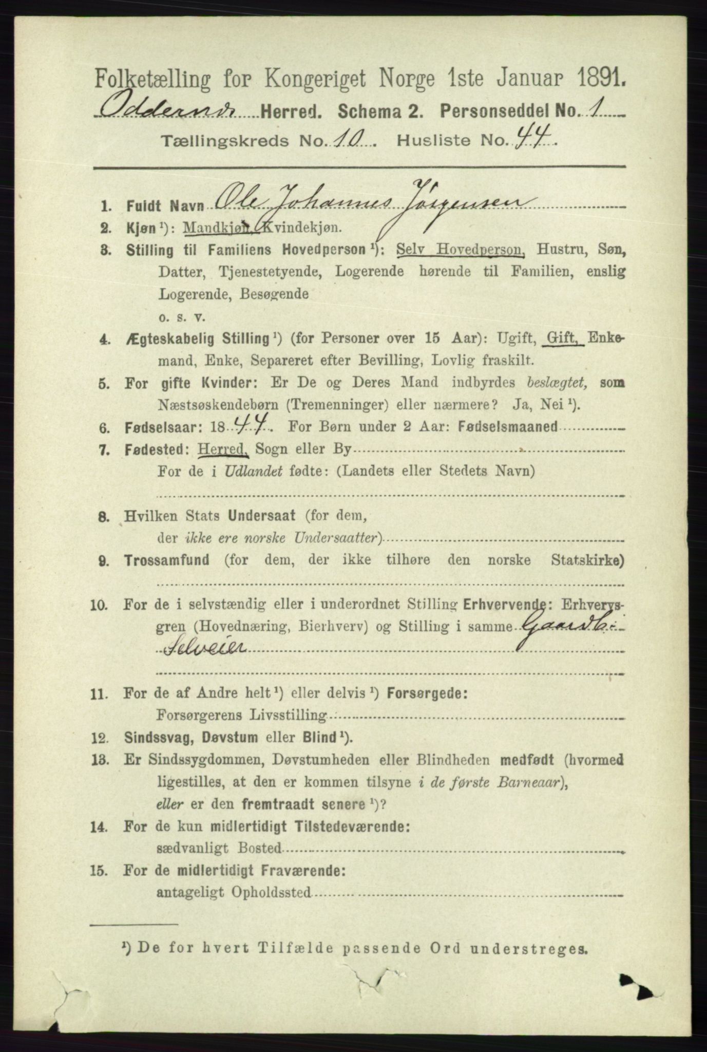 RA, 1891 census for 1012 Oddernes, 1891, p. 4098