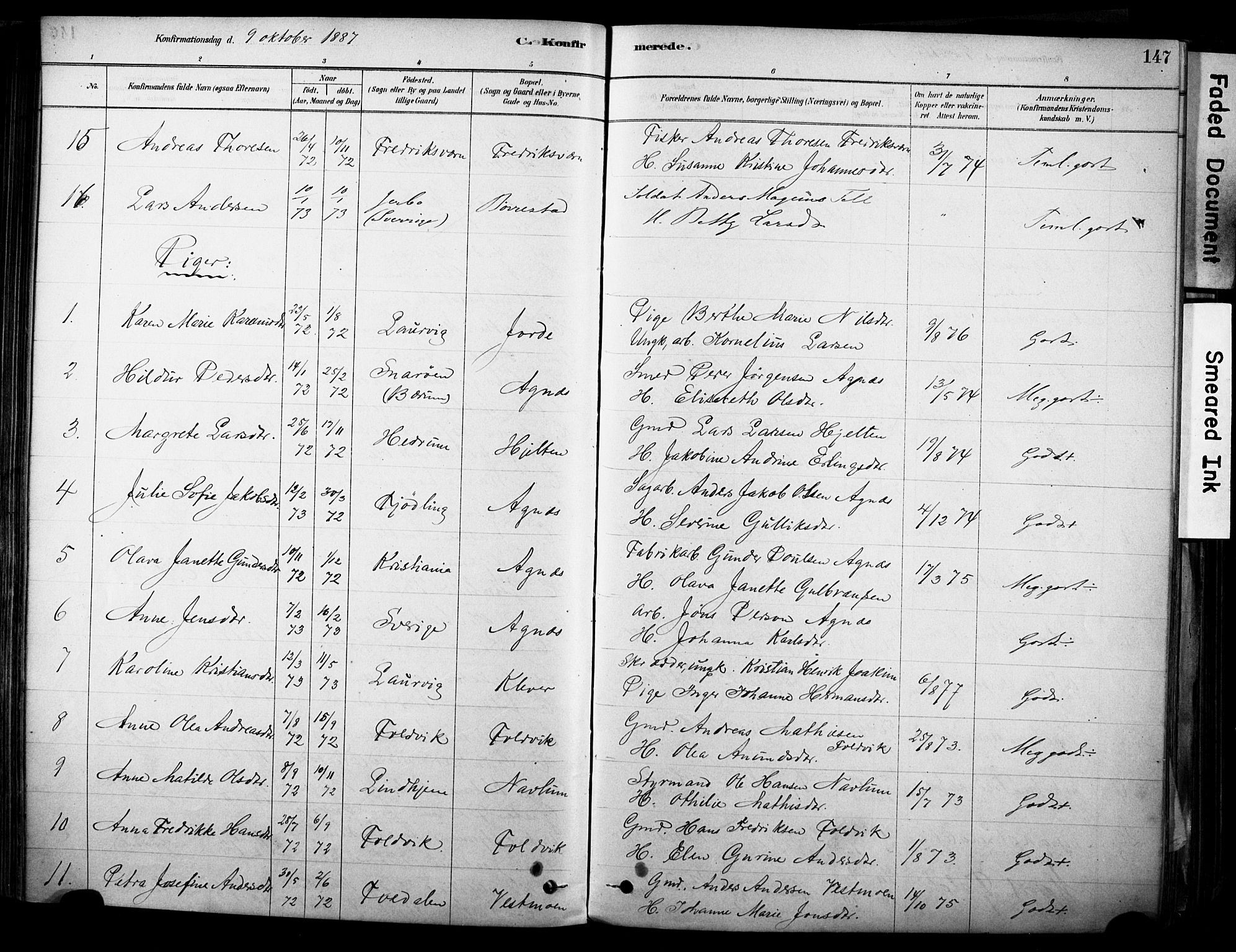 Brunlanes kirkebøker, AV/SAKO-A-342/F/Fc/L0001: Parish register (official) no. III 1, 1878-1899, p. 147